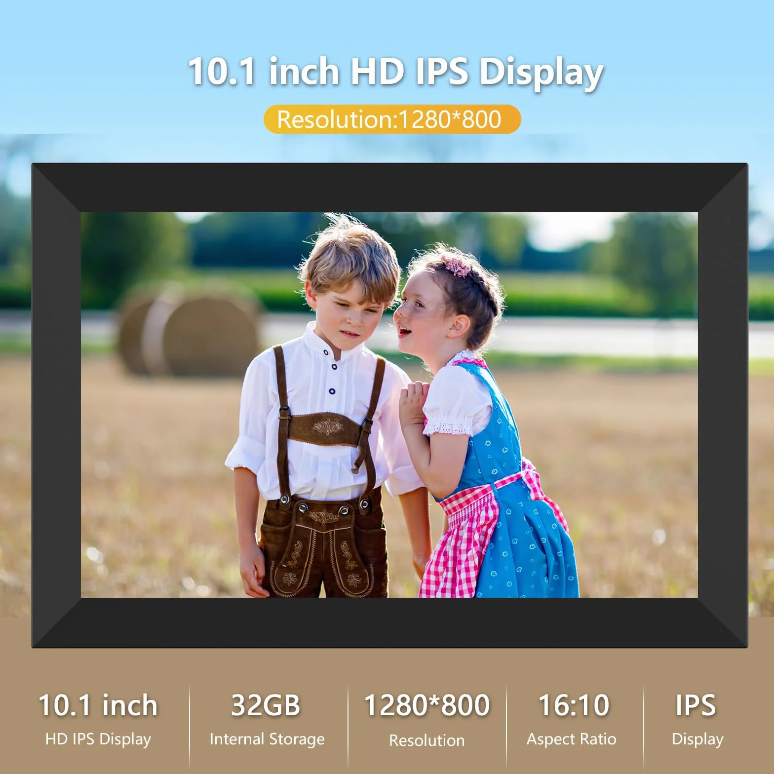 Digitaler Bilderrahmen WiFi 10,1 Zoll 1280x800 IPS LCD Touchscreen 32GB Speicher Frameo App Schwarz