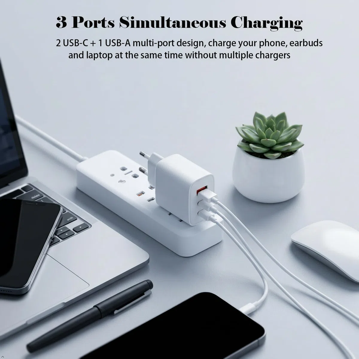 2er Pack USB C Ladegerät 65W 3 Port, Schnellladegerät PD, weiß | 3 Porte: 2x USB-C + 1x USB-A. 65W Gesamtleistung, PD Kompaktes GaN-Design für Zuhause, Büro und Reise. EU-Stecker.