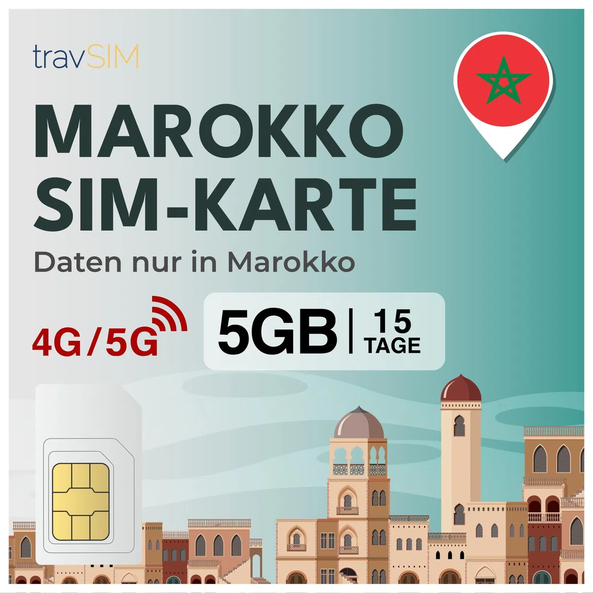 travSIM SIM Karte für Marokko| 15 Tage - 5GB Daten SIM | 5G/4G Hochgeschwindigkeitsdaten | Unbegrenzter Internetzugang für Google, Facebook, Whatsapp, Instagram und mehr