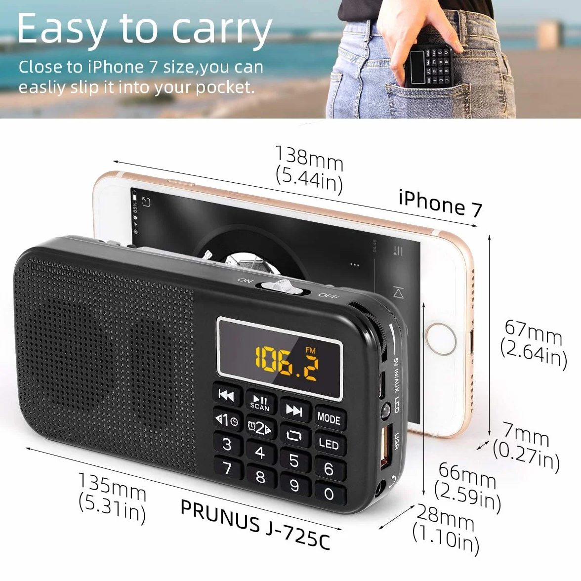 PRUNUS J-725 FM UKW Radio Klein, Digital Radio mit 3000mAh Wiederaufladbare Batterie, Kofferradio Tragbares Radios Wecker, USB/SD/TF/AUX-Player, Akku Radio mit Notlicht.(Schwarz)