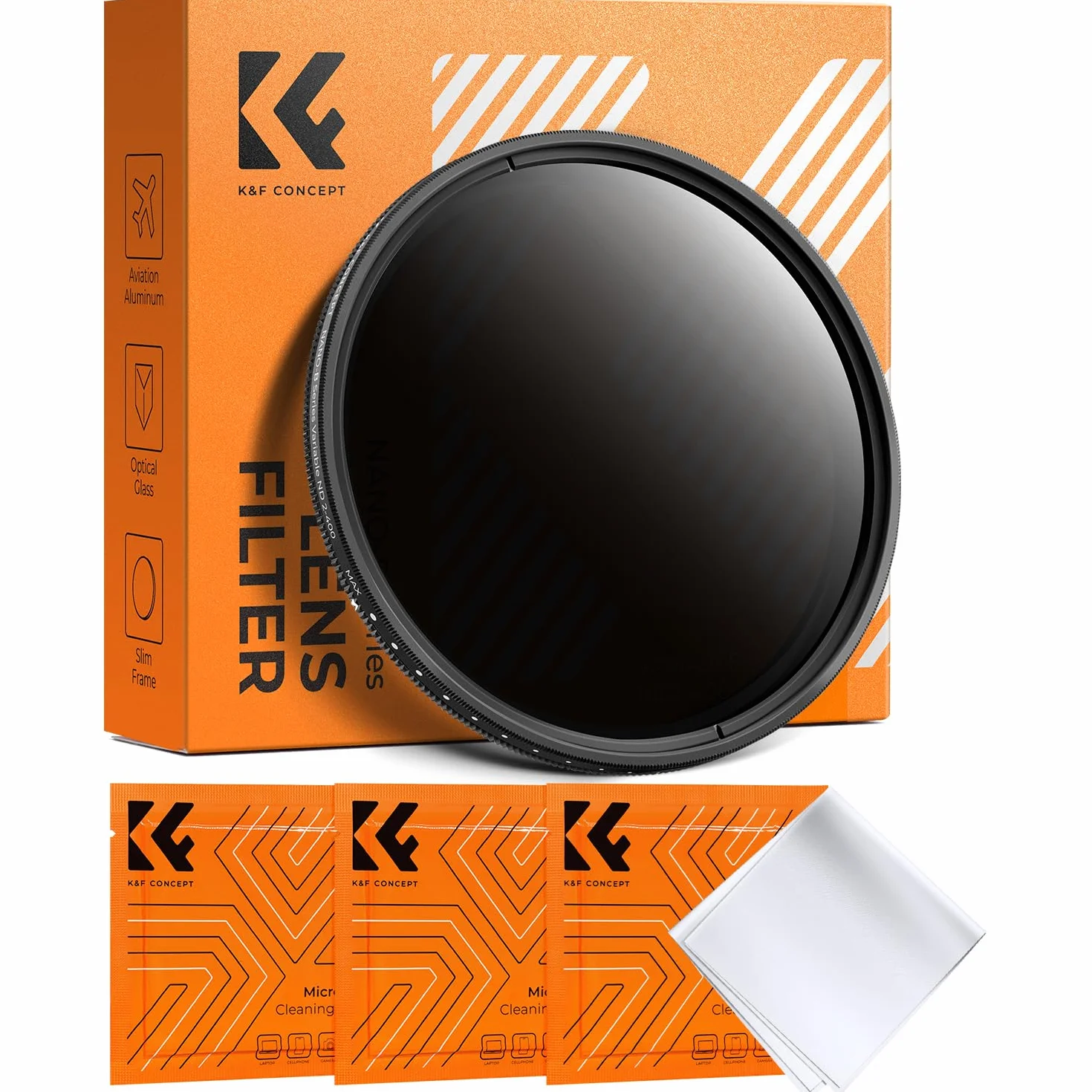 K&F CONCEPT 43mm ND Filter Variabler Graufilter ND2-ND400 (1-9 Blendenstufen) mit DREI Reinigungstücher für Landschaftsfotografie（Nano-Basic Serie）