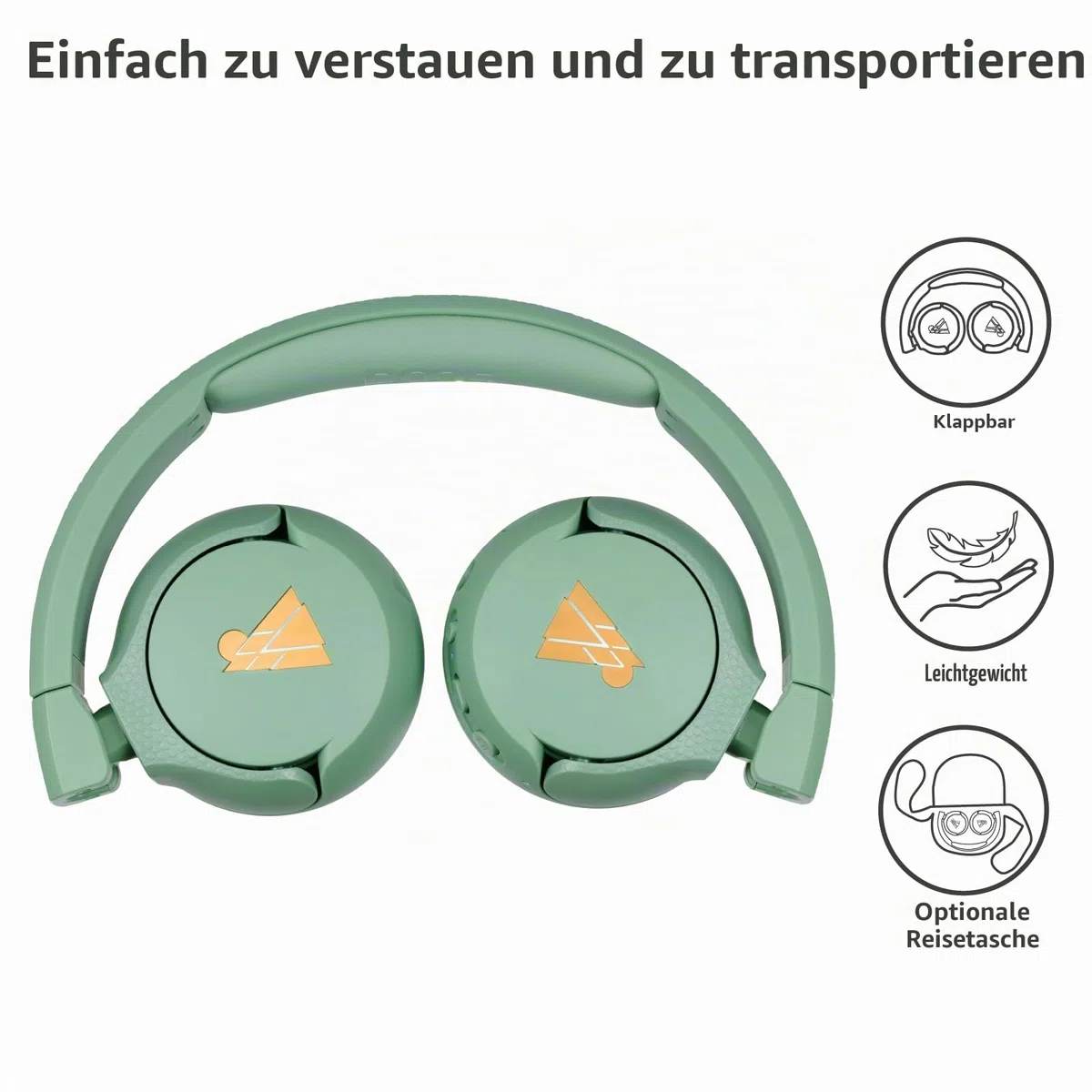 POGS Drahtloser Bluetooth Kinderkopfhörer | The Gecko 2 | Faltbarer robuster Kinderkopfhörer ab 3 Jahren | Lautstärkebegrenzung 70-85 dB | Mikrofon | On-Ear | Drahtlose Musik-Sharing-Funktion (rGrün)