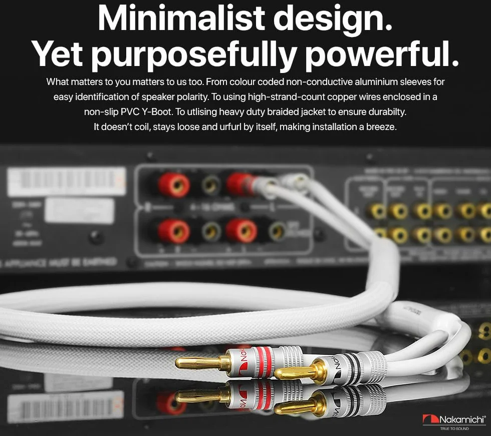 Nakamichi 24K vergoldeter Bananenstecker mit (6 Fuß) Lautsprecherkabel, 99,9% sauerstofffreies Kupfer (OFC), robustes geflochtenes Kabel, Heimkino-Verstärker - Weiß (14AWG / 6 Fuß / 1,8 Meter)