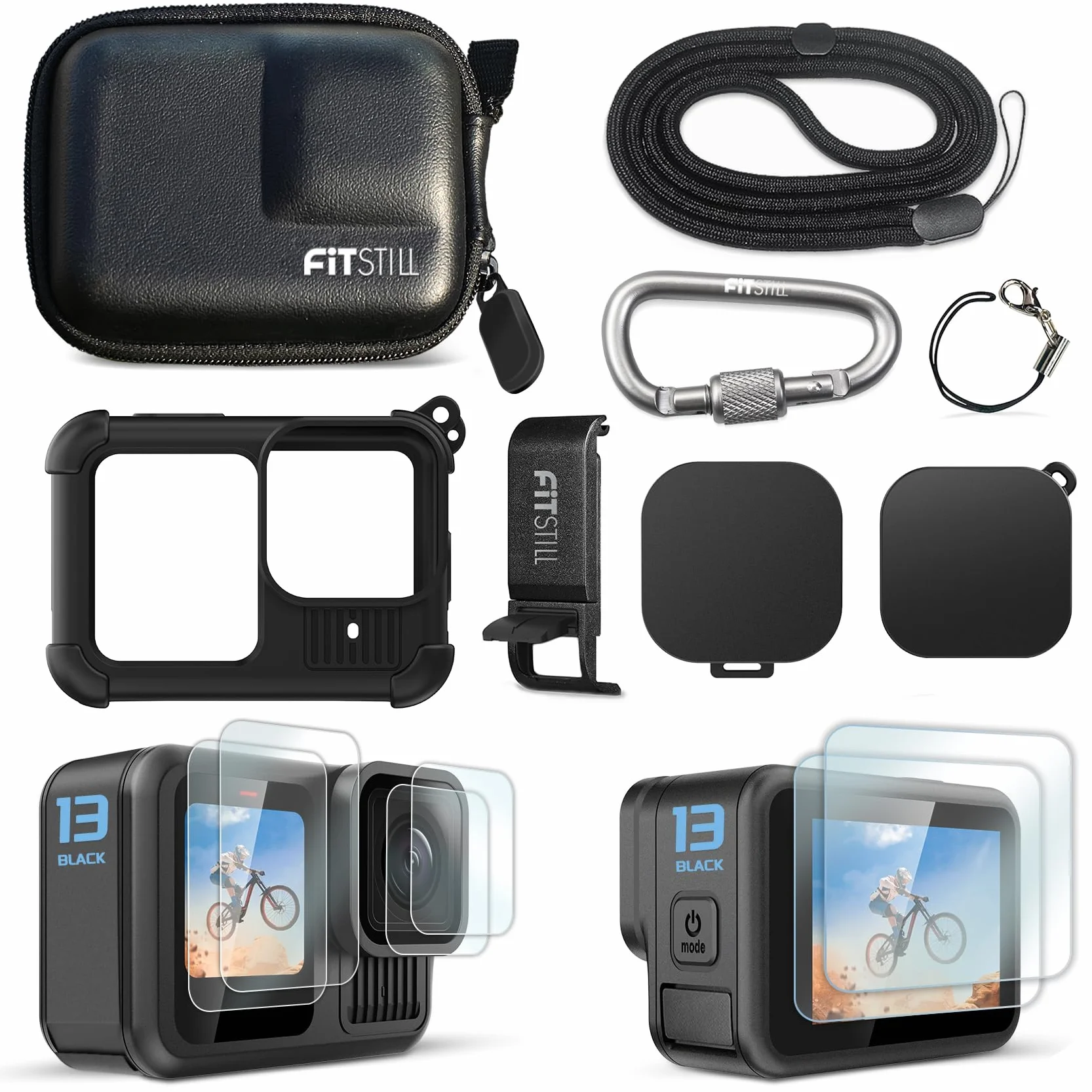 FitStill Schutz-Aufbewahrungsset für Go Pro Hero 13 schwarz, PU-Mini-Tragetasche, Silikon-Schutzhülle austauschbare Akku-Seitenabdeckung & Displayschutz & Objektivdeckel & Trageband für Hero13-Zubehör