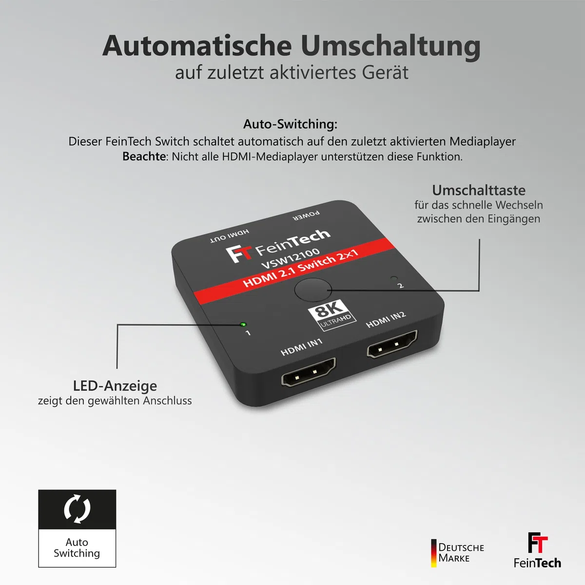 FeinTech VSW12100 HDMI 2.1 Switch 2 in 1 Out 4K 120Hz 8K 60Hz 48Gbps für Xbox PS5