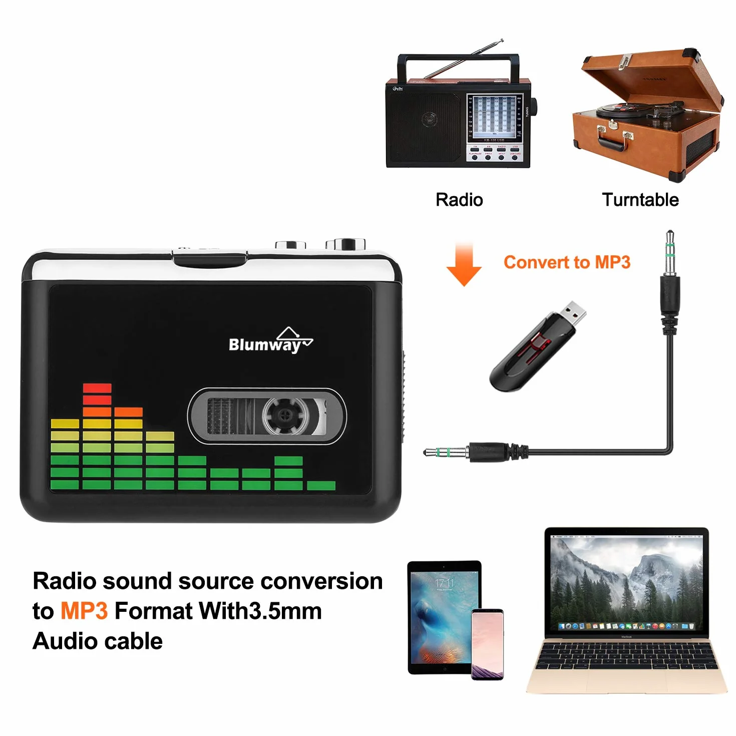BlumWay USB Kassette zu MP3 Konverter, tragbarer Kassettenspieler Digital Kassettenkonverter Audio Musik Player Kassettekonverter mit Kopfhörern und Tragetasche (PC000249)
