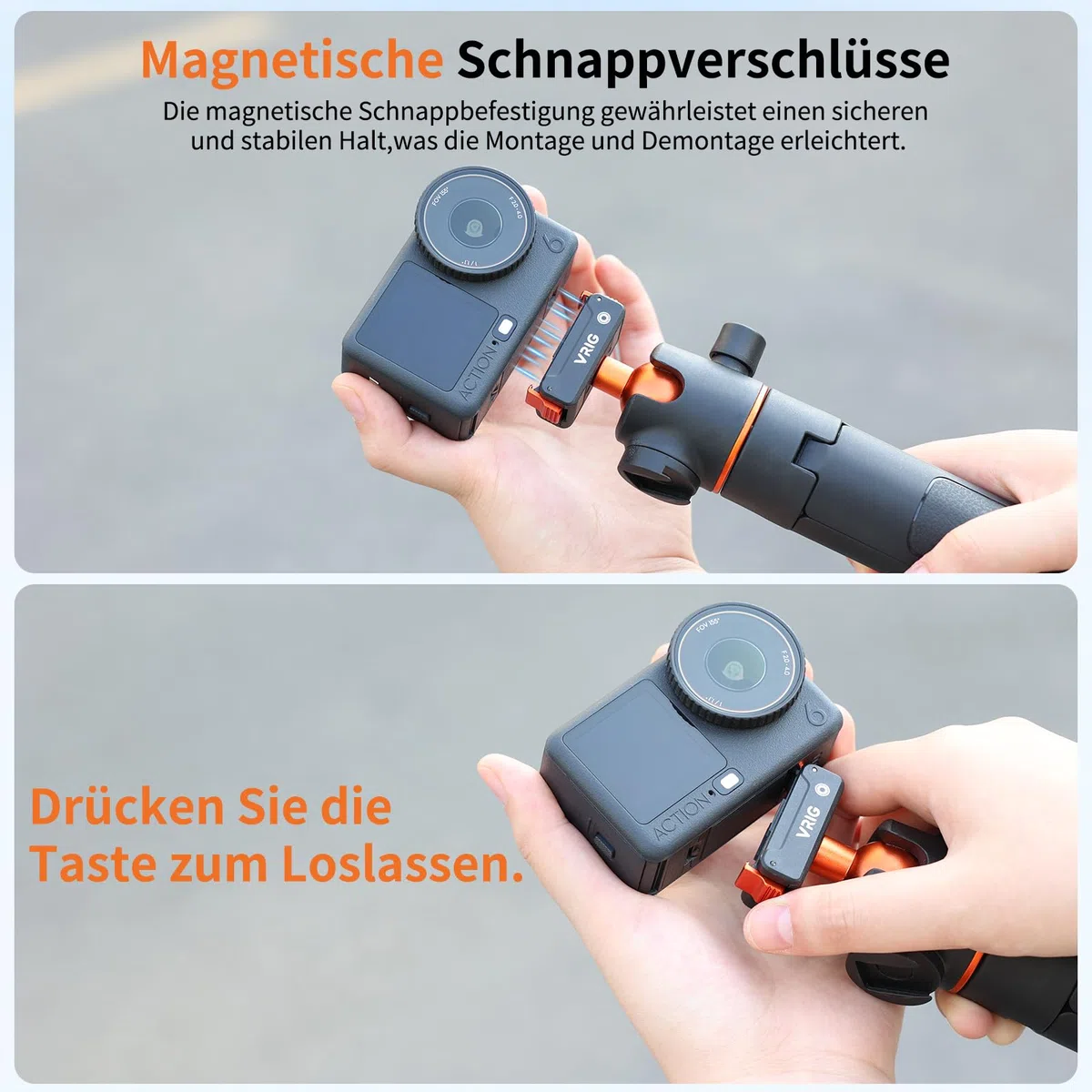 VRIG 140 cm Action Kamera Selfie Stick Stativ für DJI Osmo Nano/Action 6, Zweiwege-Magnetanziehung Schnellwechselhalterung, Ausziehbare Stange, Länge 33 bis 140 Zentimeter, AC-71