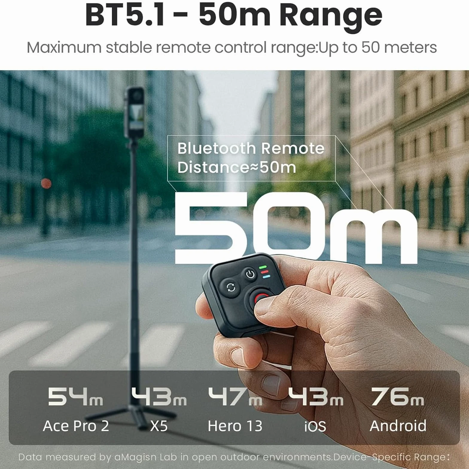 Wireless Bluetooth Fernbedienung für Insta360 X5/X4/X3/Ace Pro 2/Ace Pro/GO3S/GO3/Hero 13/12/11/IOS/Android Smartphone Kameras Zubehör mit Handschlaufe, 50m Reichweite BT5.1 Type-C