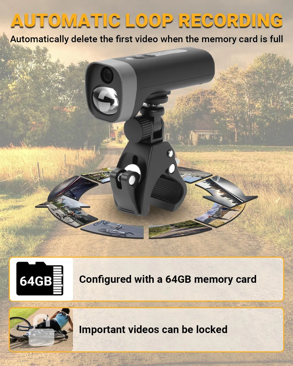 1080P HD Fahrrad Kamera Mit Halterung Dashcam Fahrrad Wasserdicht Motorrad Camera Dashcam WLAN,Einstellbarer Winkel,2600 mAh Akku,140° Weitwinkelobjektiv,64 GB TF-Karte