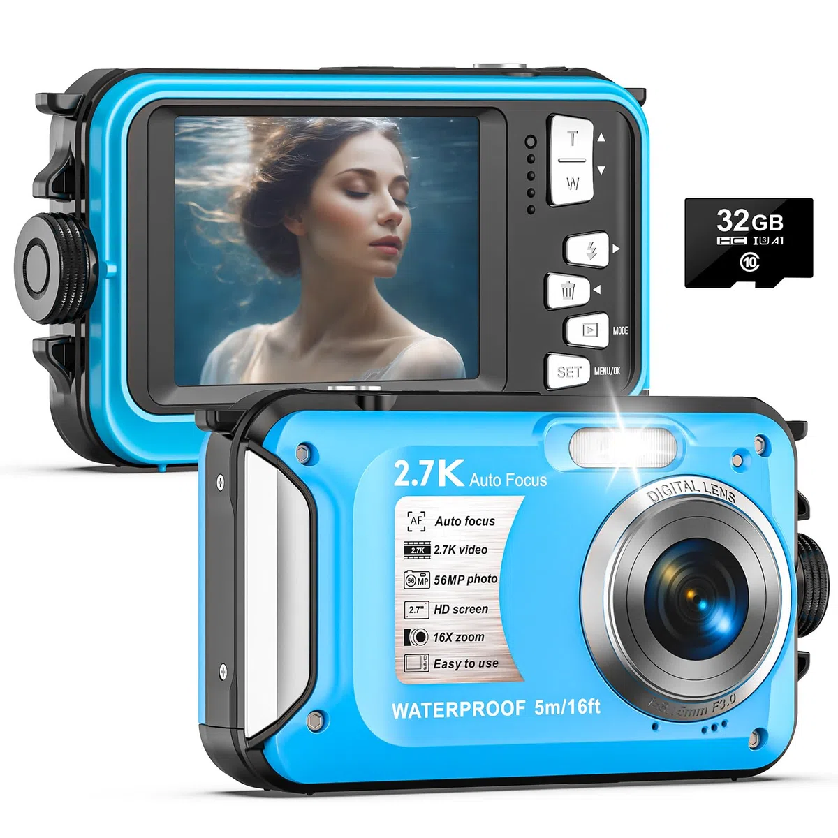 Unterwasserkamera 2.7K Digitalkamera wasserdichte 56MP Autofokus wasserdichte Kamera Fotokamera mit 32GB Karte