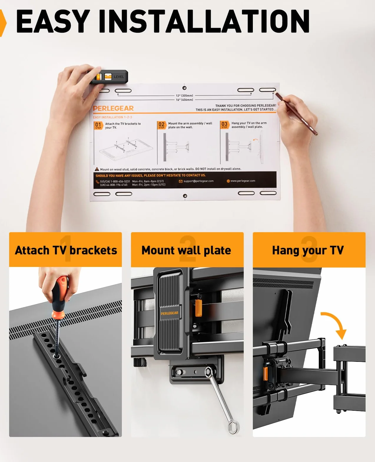 Perlegear TV Wandhalterung Schwenkbar Neigbar für 42-86 Zoll Flach & Curved Fernseher, TV Halterung max.VESA 600x400mm bis zu 60kg