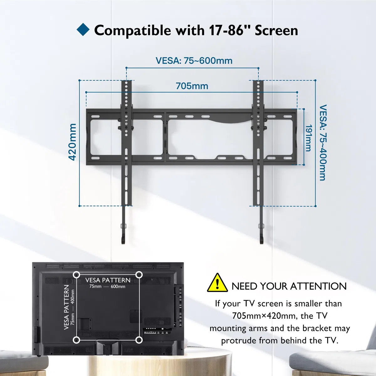 BONTEC TV Wandhalterung Neigbar für 17-86 Zoll Fernseher, bis zu 75 kg, VESA 75x75-600x400mm, flach zur Wand 30mm, inkl. Wasserwaage, Kabelbinder, einfache Installation