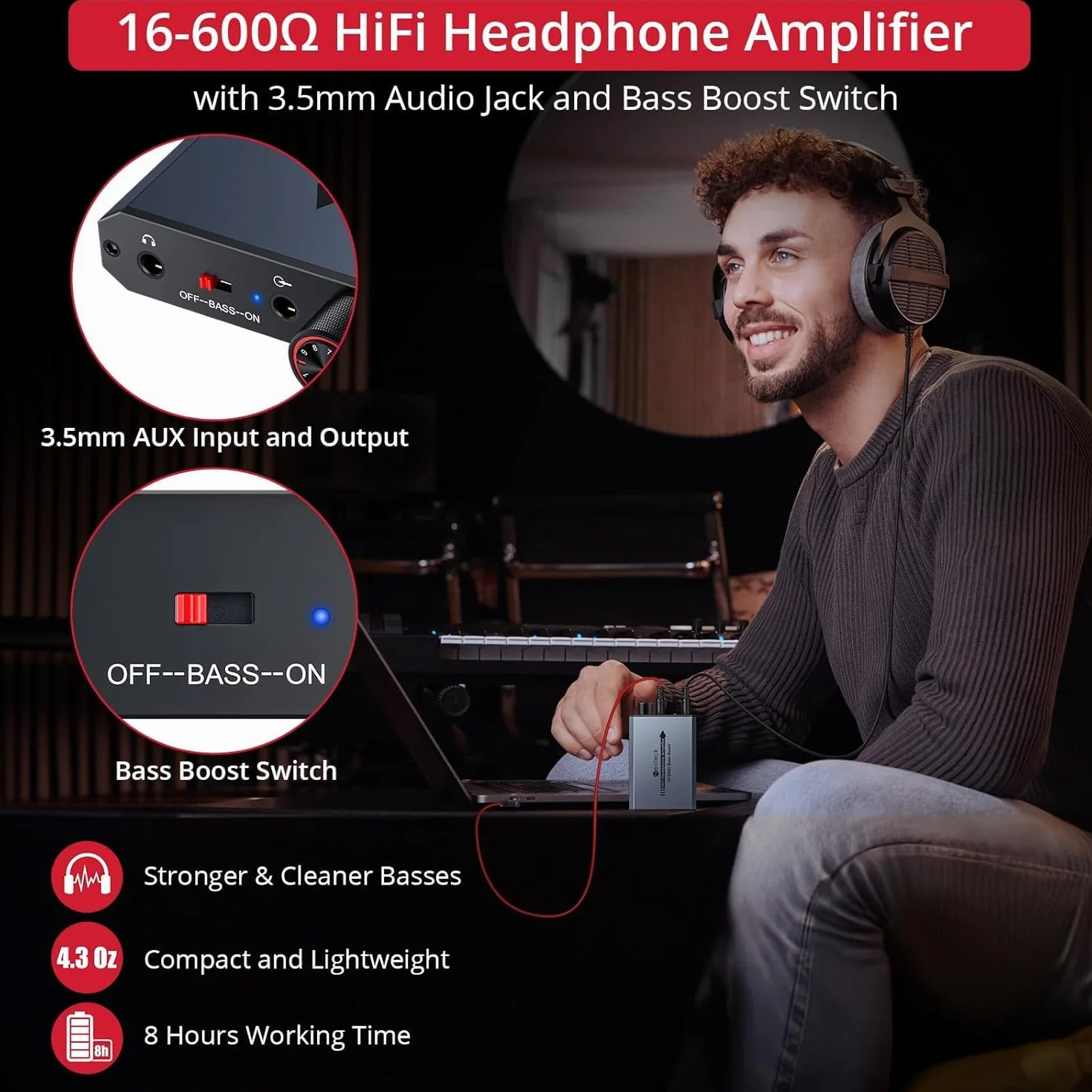 Neoteck Kopfhörer Verstärker 3,5 mm mit Bassverstärkung Tragbarer Verstärker 16-600Ω Audio-Kopfhörerverstärker für Telefone, MP3, MP4 Computer PS4 PS5 Controller