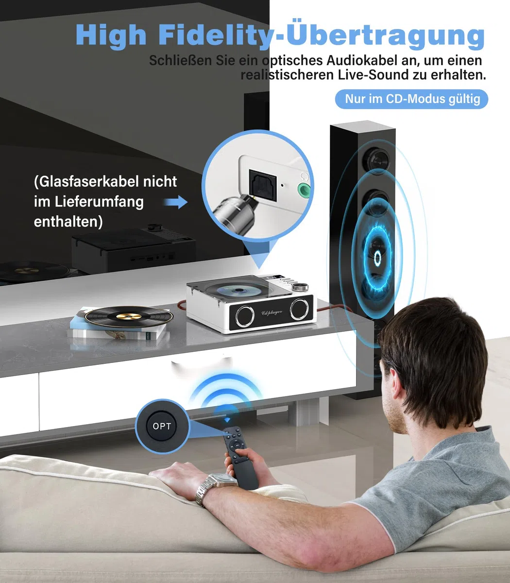 Greadio CD Player Tragbar mit Bluetooth 5.3, 4000mAh Wiederaufladbarer CD-Player mit Fernbedienung, HiFi-Sound-Lautsprecher, unterstützt USB, TF, AUX, LED-Display für Zuhause/Geschenk (Weiß)