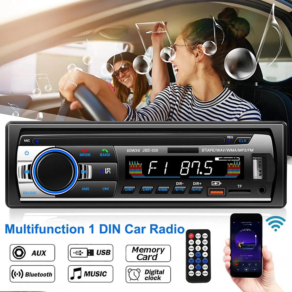 Autoradio Bluetooth 5.0, 4x60W 1 Din FM Auto Radio mit Freisprechfunktion, Stereo-Sound mit Uhr/Fernbedienung/Doppel-USB/LCD Bildschirm Unterstützt 2 USB/AUX/SD/TF/EQ/DSP