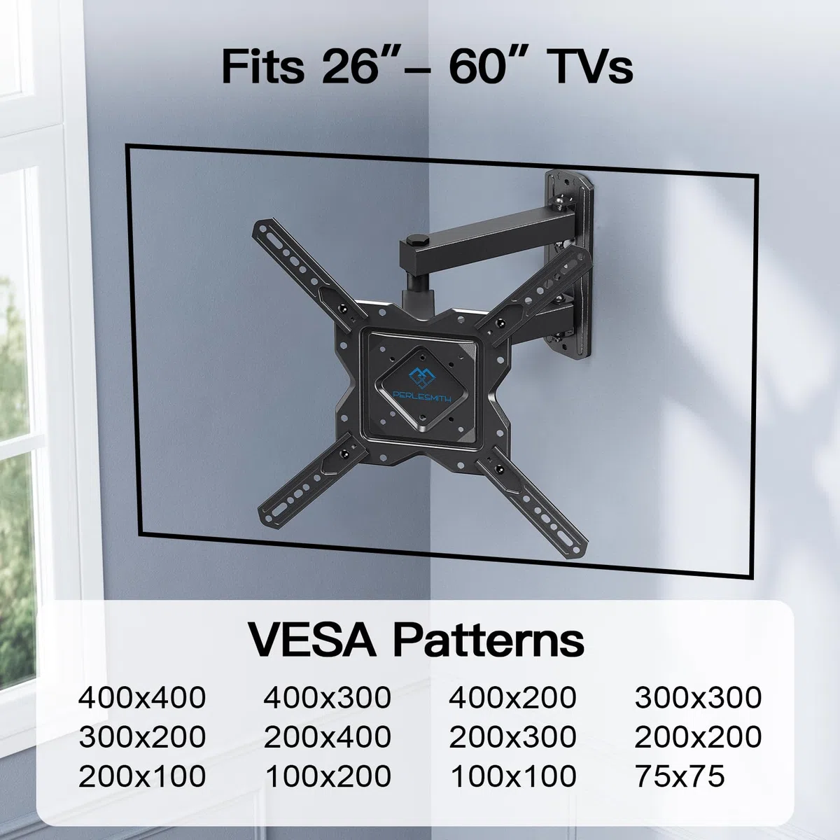 PERLESMITH TV Wandhalterung Schwenkbar Neigbar Wandhalterung Fernseher für 26-60 Zoll Flach & Curved Fernseher oder Monitor bis zu 35kg, TV Halterung Max.VESA 400x400mm
