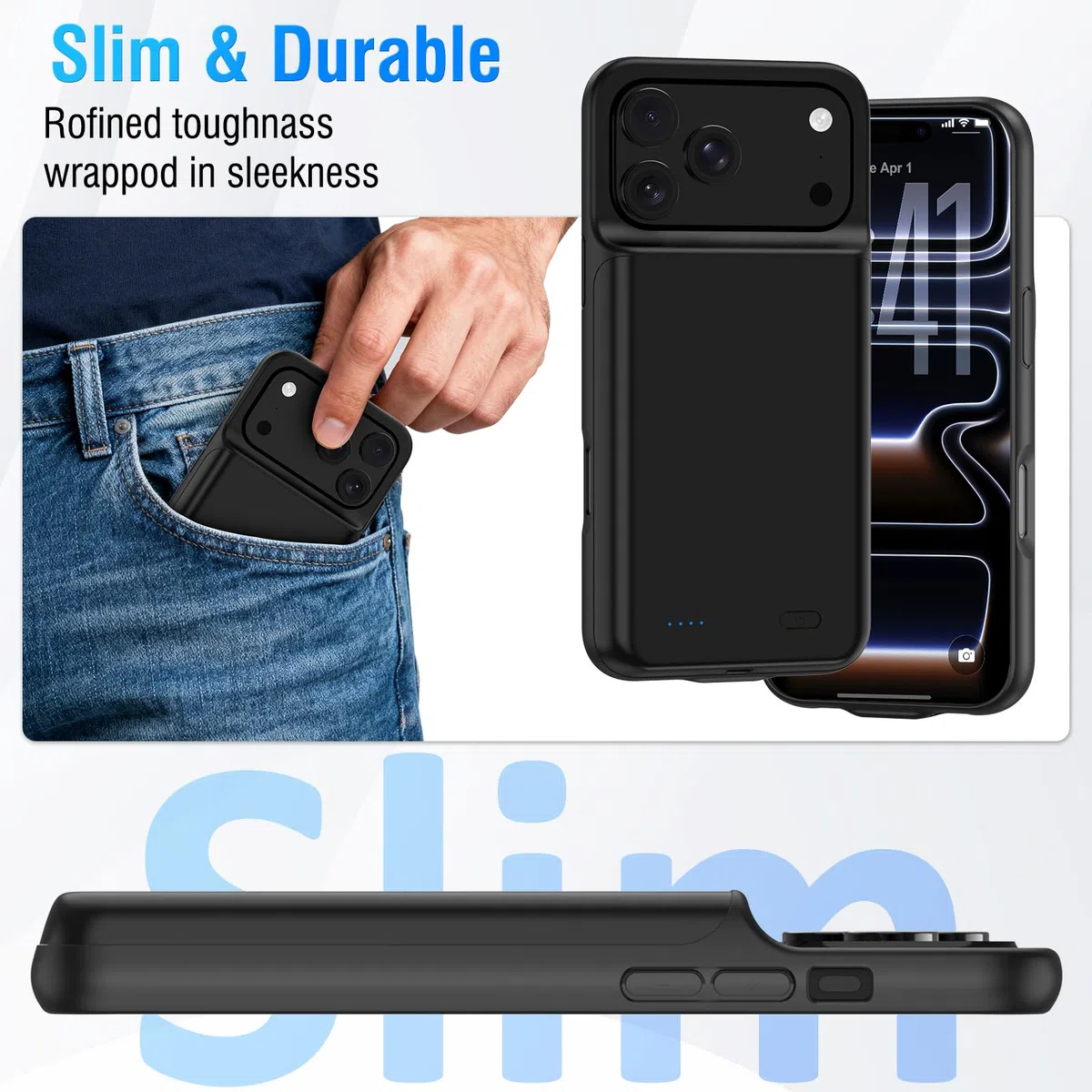 Akkuhülle für iPhone 17 Pro Max(6.9"), 8500mAh Tragbares Ladegerät iPhone Ultradünn Erweiterter Akku Hülle Telefonladegerät und Schutzhülle mit Ladefunktion für iPhone 17 Pro Max- Schwarz