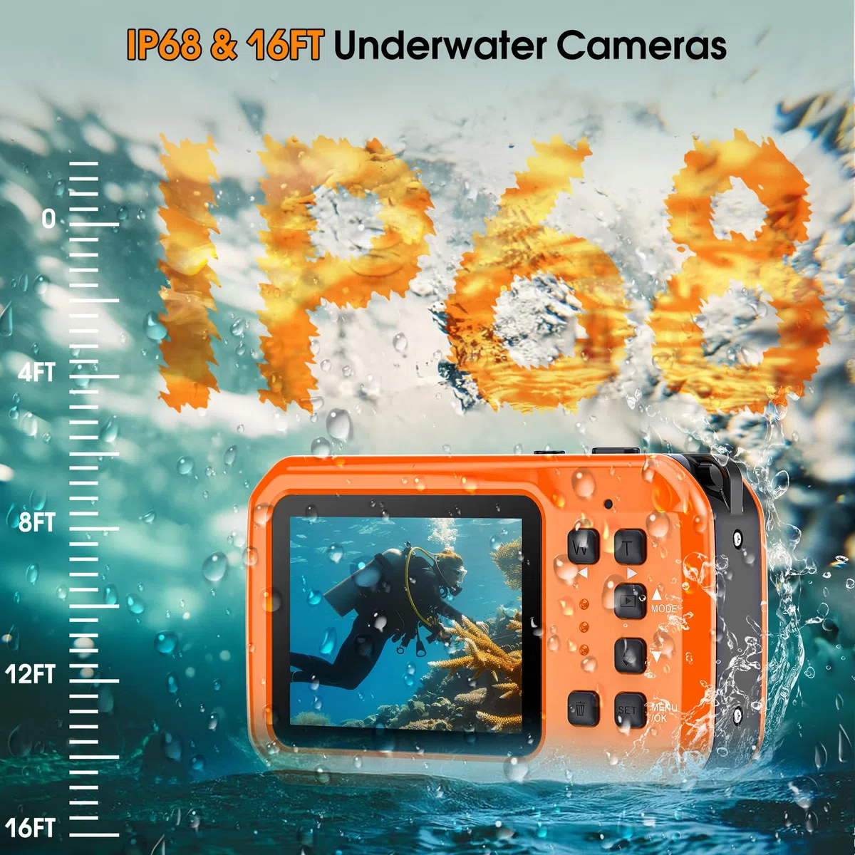 Digitalkamera, Yixinxin Unterwasserkamera 4K 64MP 16FT wasserdichte Kamera zum Schnorcheln, IPS HD Bildschirm 16X Digitalzoom und 32GB Karte
