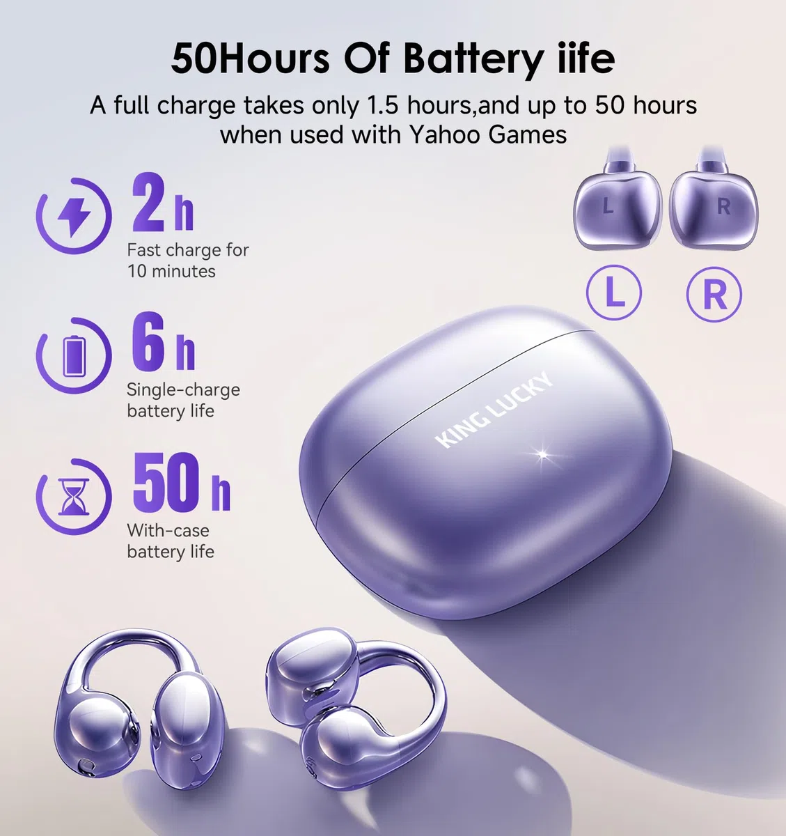 King Lucky Open-Ear-Kopfhörer Kabellos Bluetooth 6.0–Clip-On-Ohrhörer mit Mikrofon,50h Spielzeit,ENC,IPX5 Wasserfes –Komfortabel für kleine Ohren&Brillenträger,Ideal für Sport (Lila, Standard)