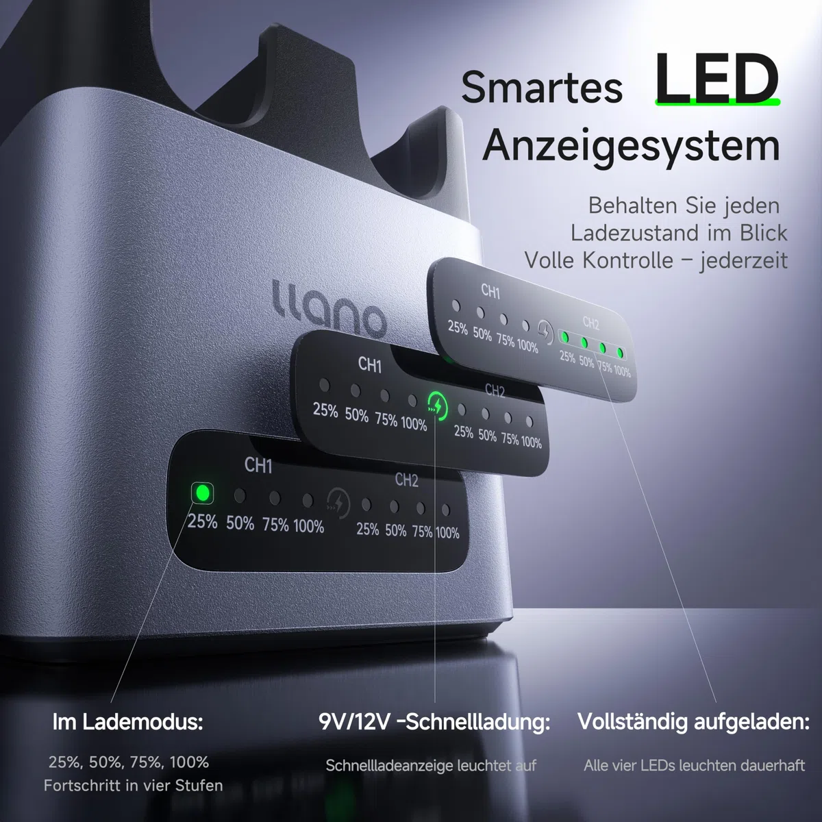 llano DMW-BLK22 20W PD Schnellladegerät für Panasonic Lumix GH5 GH5II GH6 GH7 S5 S5II S5IIX S9 G9II, Dual USB-C Ladebox mit CNC Aluminiumgehäuse & LED-Anzeige (CM2 Serie)