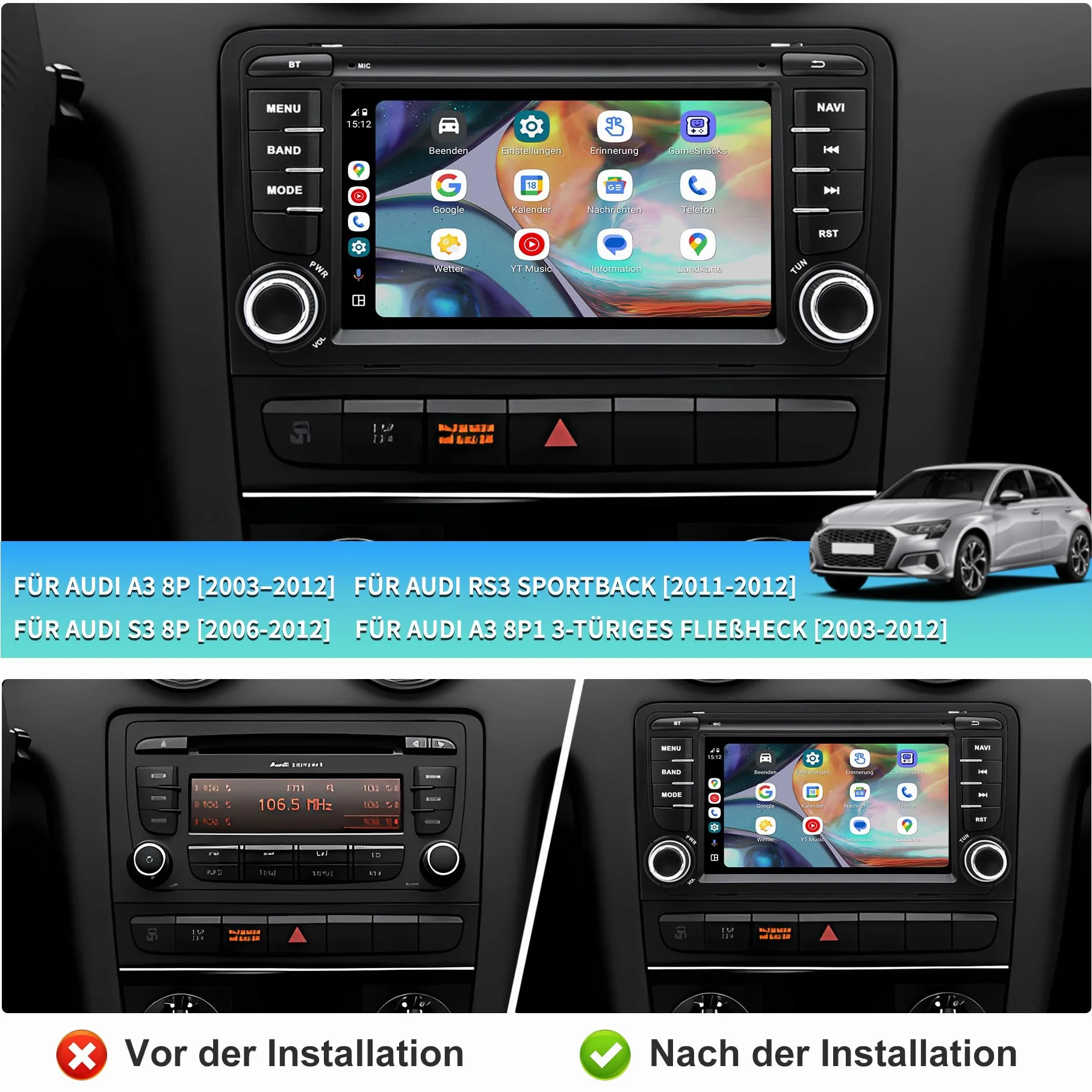 Autoradio Android 13 für Audi A3/S3/RS3 8P 2003 2004 2005 2006 2007 2008 2009 2010 2011 2012, 7 Zoll HD Touchscreen, Wireless CarPlay/Android Auto, GPS, WLAN, Bluetooth + HD-Rückfahrkamera SWC
