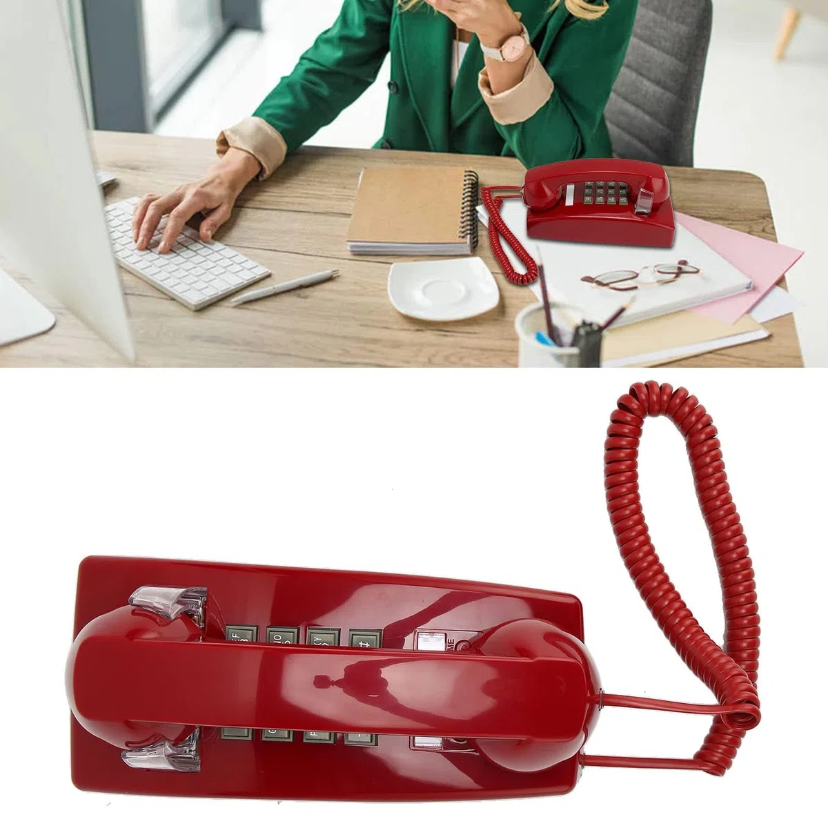 Vintage-Wandtelefone Festnetz, Retro-Wandtelefon Im Alten Stil, Rotes Schnurgebundenes Telefon Zur Wandmontage mit Lautstärkeregler für Senioren-Hotelküche