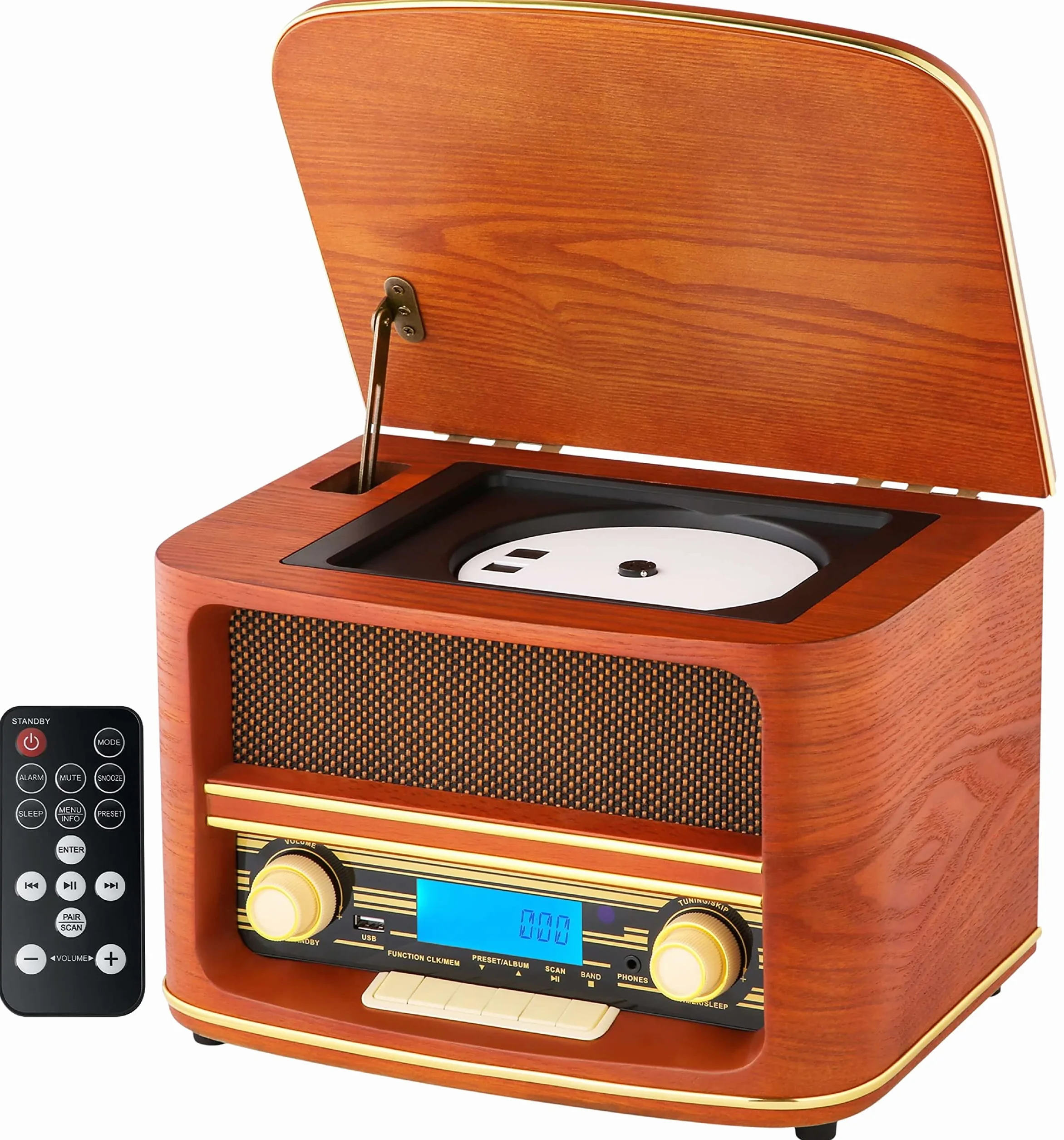 Nostalgie Kompaktanlage | Bluetooth | LCD Display | Retro Radio Holz mit CD Player | USB | Musikanlage Retro Style | Stereoanlage | Fernbedienung | Küchenradio | Vintage Optik |