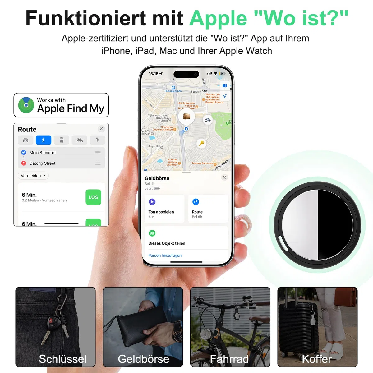 Smart Air Tracker Tag kompatibel mit Apple Wo ist? (nur iOS), Inklusive Ersatzbatterie, Smart Tracker Tag Key Finder für Schlüssel, Fahrrad, Wallet, Koffer, Hunde, Katzen (Schwarz, 4-Pack)