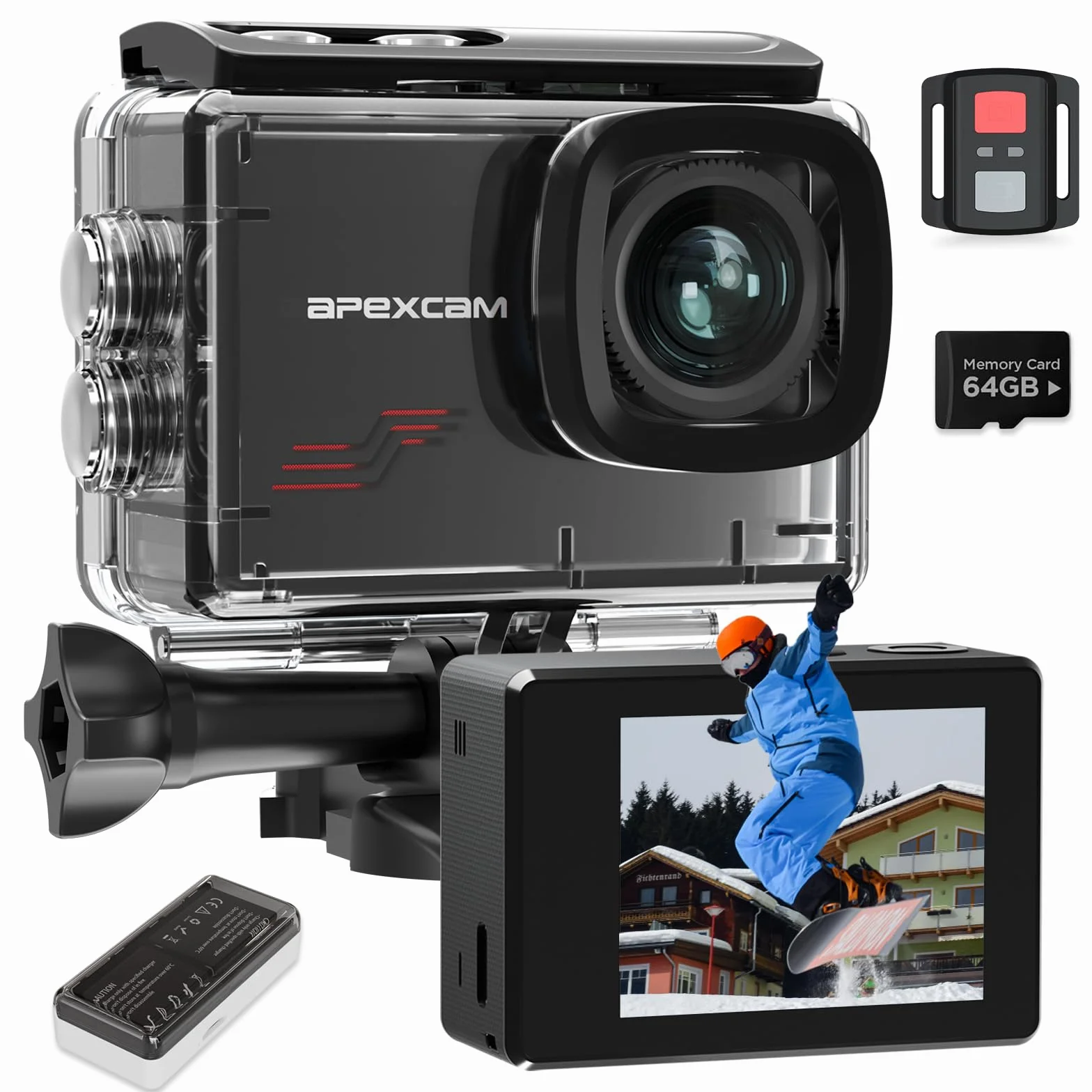 Apexcam M80 Action Cam 4K60FPS 48MP WLAN Sportskamera 40m Wasserdicht 8X Zoom 2.4G Fernbedienung 2x1350mAh Akkus