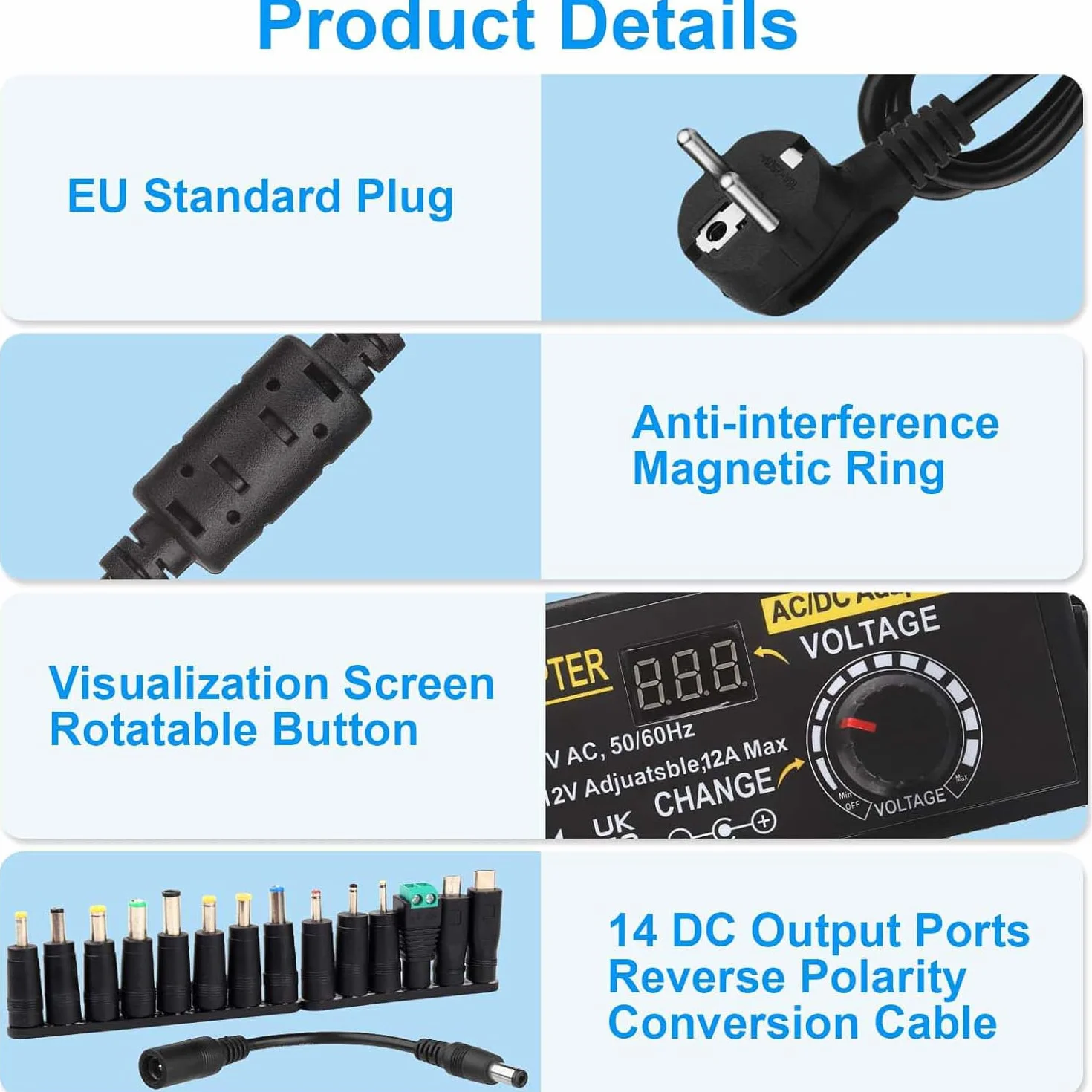 Universal Netzteil 12V 12A, Verstellbarer Netzadapter 3V-12V 144W Einstellbares Netzteil 100V-240V AC to DC 3V 4.5V 5V 6V 7.5V 9V 12V 1A 2A 3A 4A 5A 10A mit 14 DC Steckern