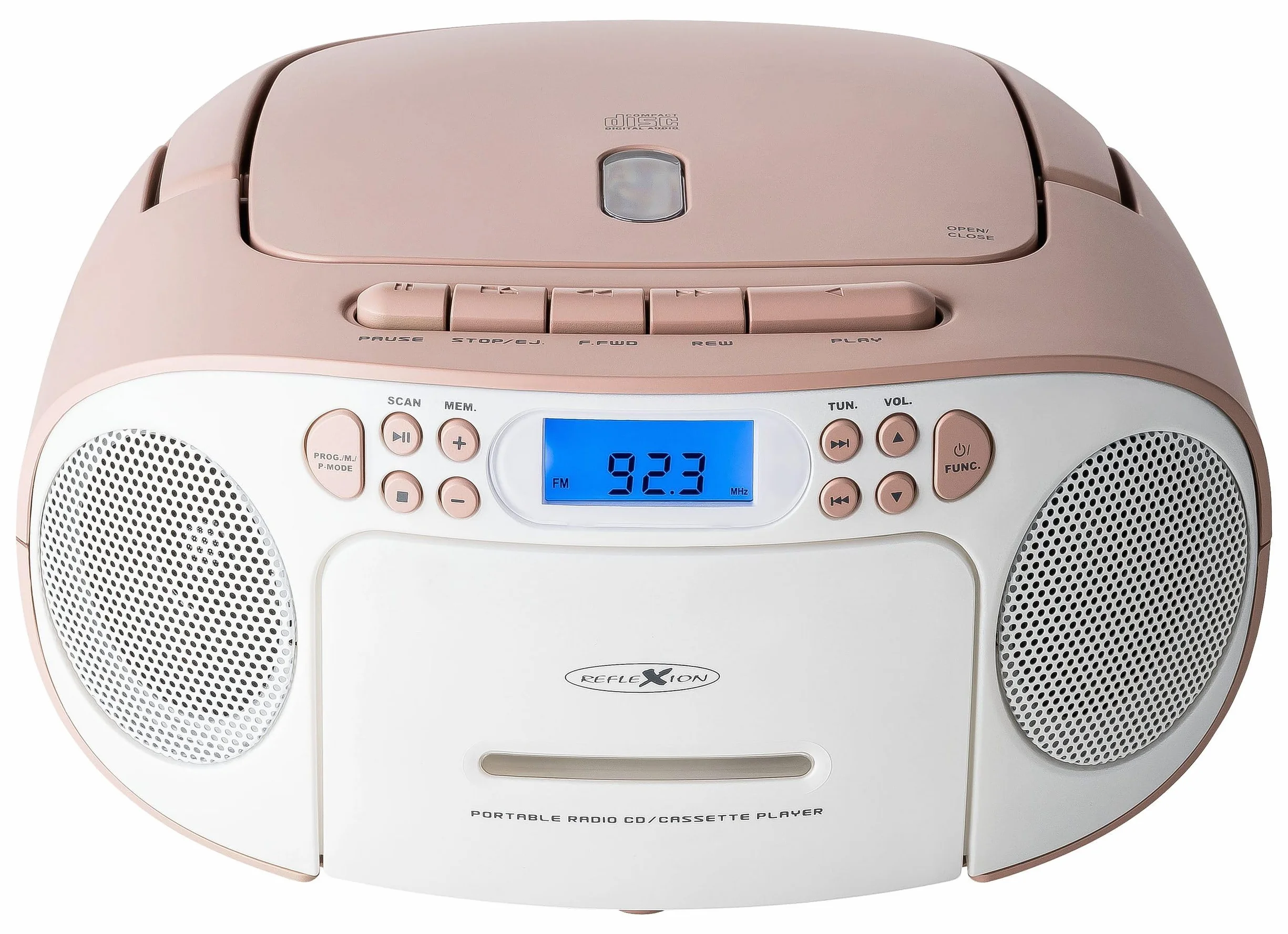Reflexion RCR2260 CD-Player mit Kassette und Radio für Netz- und Batteriebetrieb (PLL UKW-Radio, LCD-Display, AUX-Eingang, Kopfhörer-Anschluss), weiß/rosa
