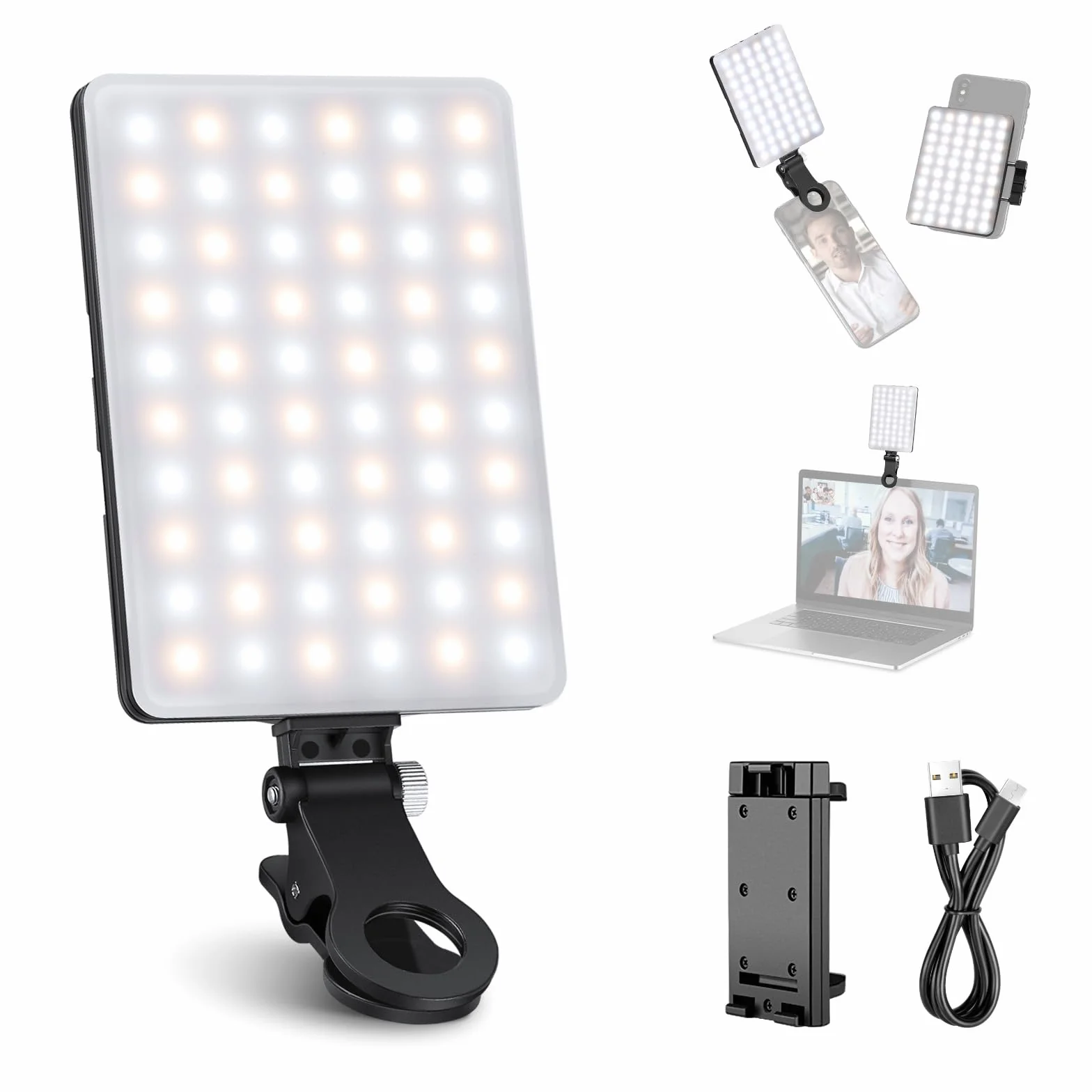 NEEWER Basic Clip On Selfie Licht kompatibel mit iPhone, 2000mAh wiederaufladbares LED Videolicht mit Handy Clamp für Computer Webcam, Laptop, Zoom Videokonferenzen, Make up Fotografie, NL-60AI