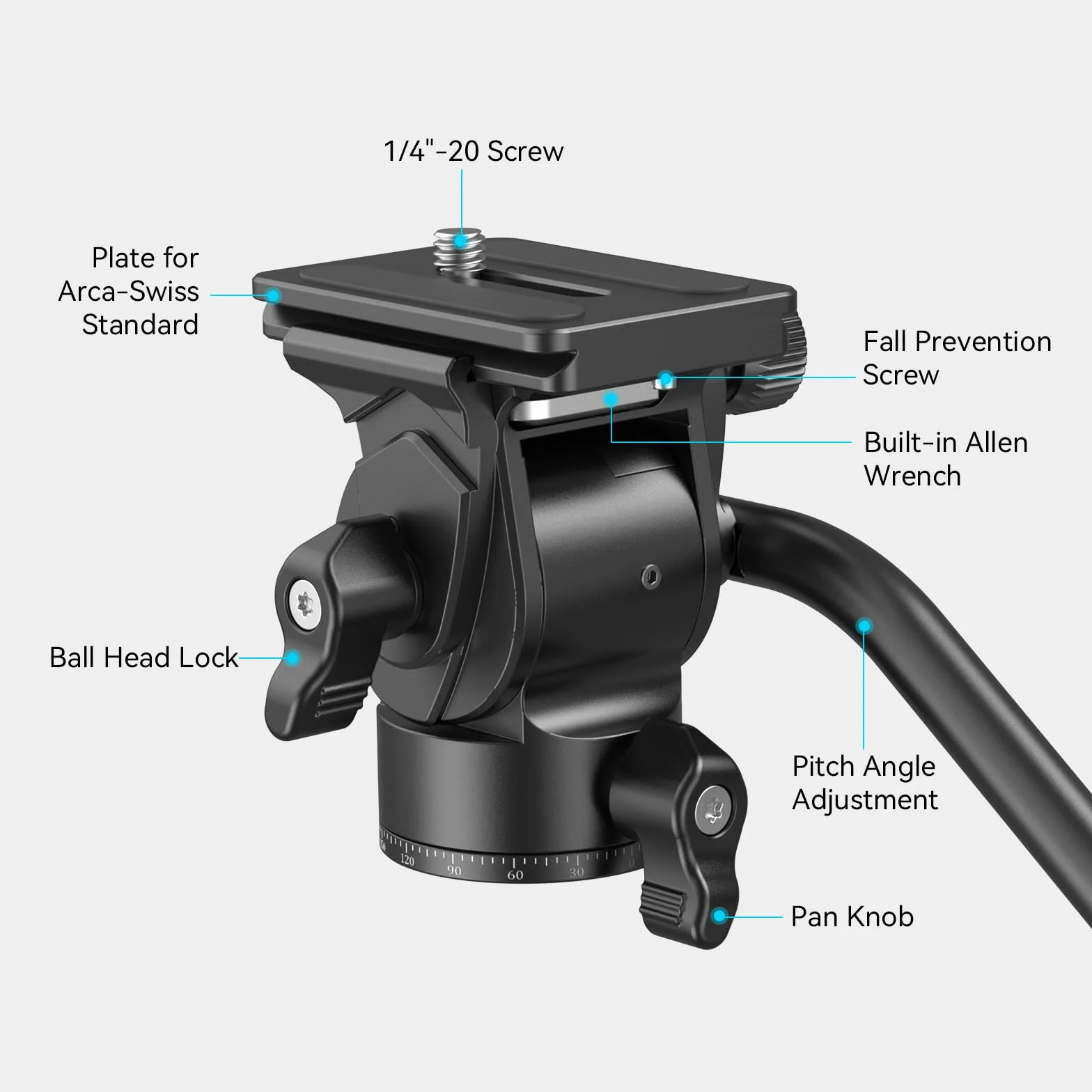 SMALLRIG Stativ Fluidkopf Pan Tilt Head CH10 mit Schnellwechselplatte, Fluid Head geeignet für AR-ca Swiss für Kompakt Videokameras und DSLR Kameras, 3kg Tragkraft für Stativ Kamera - 3259B