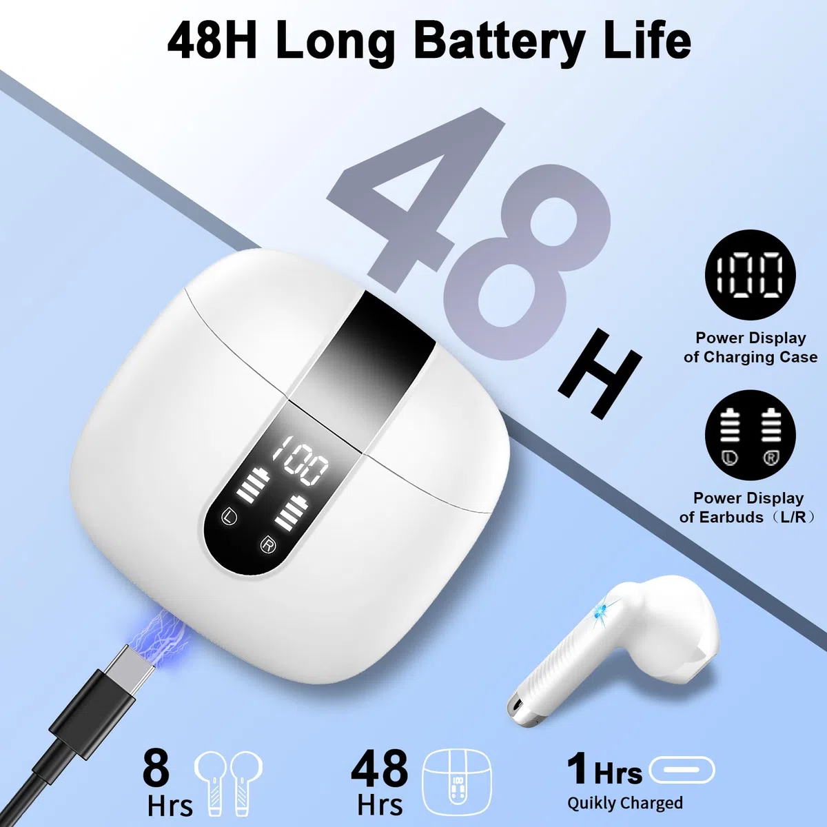 Bluetooth Kopfhörer, In Ear Kopfhörer Kabellos Bluetooth 5.3 Kabellose Kopfhörer mit 4 Mic, Neue ENC Noise Cancelling Wireless Earbuds 48H Tiefer Bass, IP7 Wasserdicht Ohrhörer LED-Anzeige USB-C