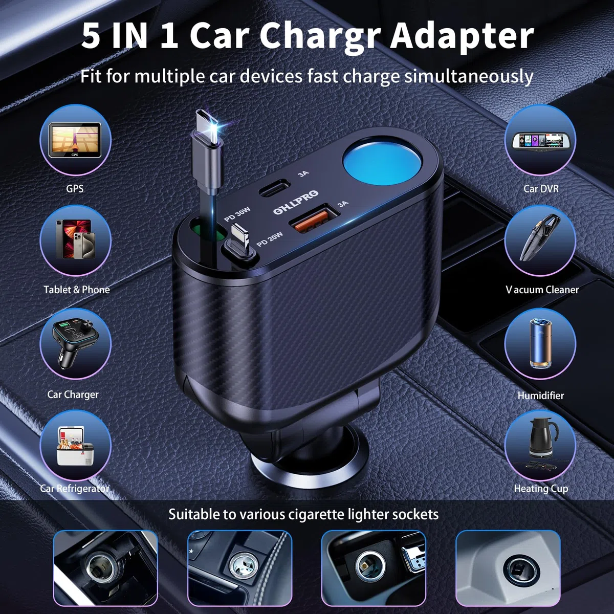 OHLPRO 5 in1 Zigarettenanzünder USB C Einziehbares Auto Ladegerät, Handy Autoladegerät 100W 12V USB Adapter Auto Schnellladegerät KFZ Stecker Splitter Kompatibel mit Handy iPhone iPad Samsung, Schwarz