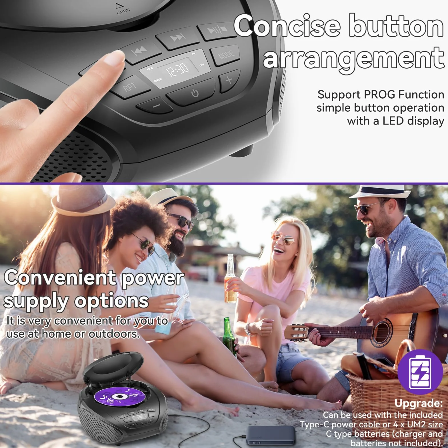 Gueray Tragbarer CD-Player, Boombox, Heim-Audio-CD-Player mit Lautsprechern, FM-Radio, AUX-Eingang, unterstützt Kopfhörer, Playlist-Modus, PROG-Wiedergabe für Außen- und Innen-Hörbücher