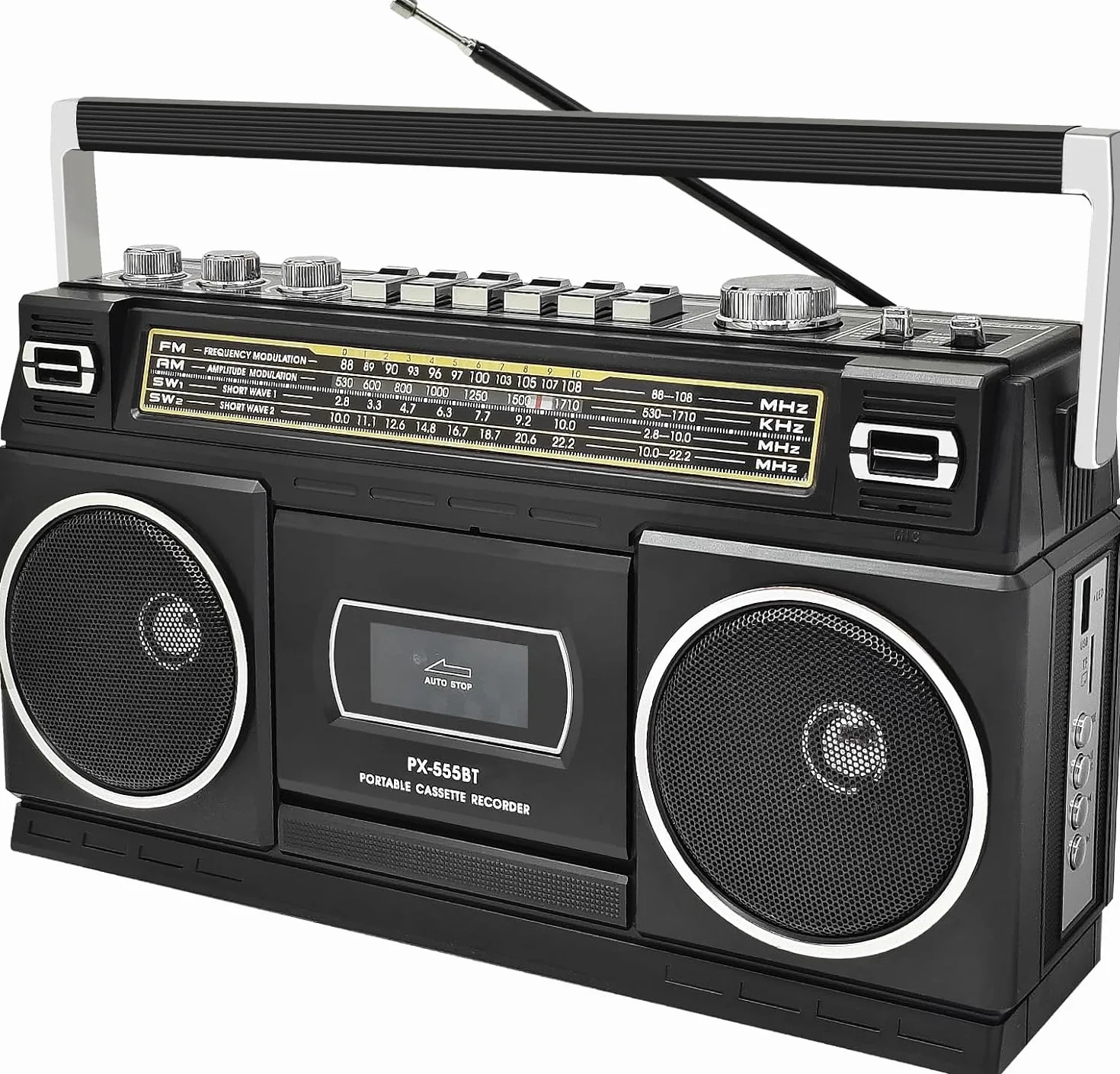 Kassettenspieler mit Bluetooth & Radio (AM/FM/SW) | Digitalisierung von Kassetten auf USB | Stereo Sound,10W, Kassettendeck, USB/TF-Wiedergabe, Netz-/Batteriebetrieb Boombox, Kopfhöreranschluss