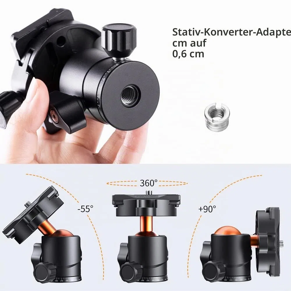 K&F CONCEPT KF25 Kugelkopf Stativkopf, Kamera Kugelkopf mit 1/4 Zoll Schnellwechselplatte und Wasserwaagee, 8 kg Tragkraft, für Stativ, Einbeinstativ, Kamera Slider, Spiegelreflexkamera