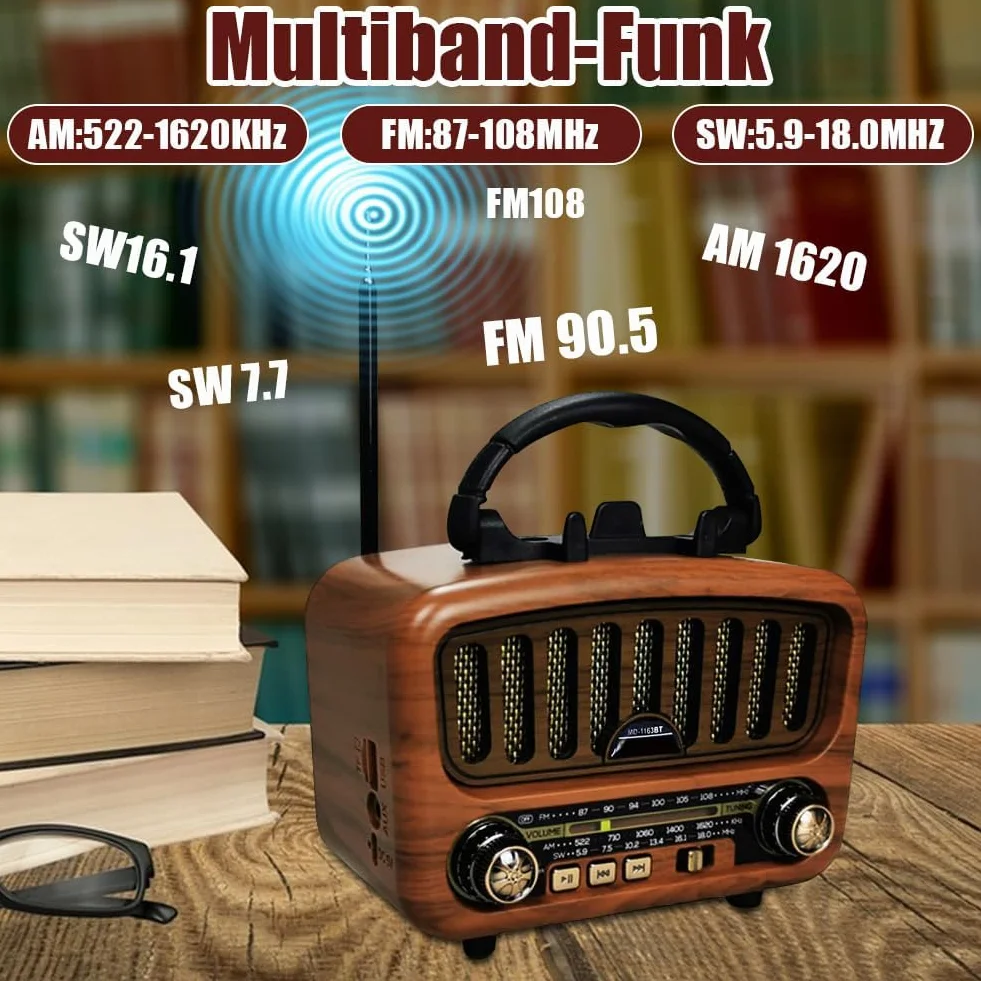 AM/FM/SW Retro Radio mit Bluetooth 5.0, Nostalgie Radios Klein mit 1800mAh Akku, Küchenradio & Kofferradio mit 5-W-Lautsprecher, Unterstützt USB/TF/AUX, Vintage Radio für Zuhause, Büro, Outdoor