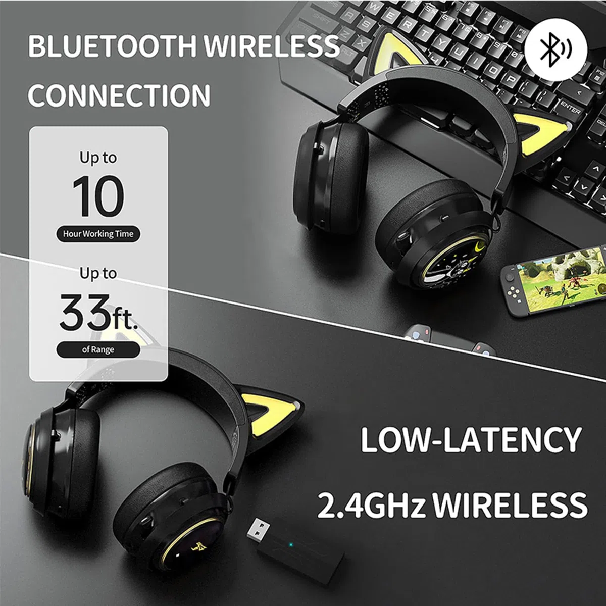 Yunseity Drahtlose -Kopfhörer, 3,5 Mm Abnehmbares Kabel, Kabellose Kopfhörer mit 3D-Surround-Sound, 1500 MAh, Einziehbares Mikrofon für PC-Musik (#1)