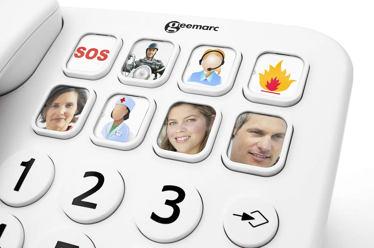 Geemarc Photophone 110 - Großtasten-Festnetztelefon mit verstärkter Empfangslautstärke, anpassbaren Fototasten und Lautsprecher für Senioren - Geringer bis mittlerer Hörverlust - DE Version