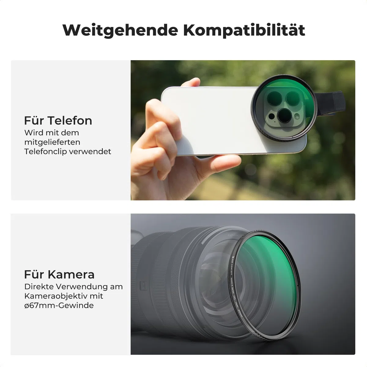 K&F CONCEPT K-Serie 67mm CPL Filter Handy Cirkular Polfilter, Schraubfilter CPL-Objektivfilter für Kameraobjektive, Clip-On-Handy-Filter für iPhone 16 15 14 13 Series Galaxy S24 S23 S22 Ultra