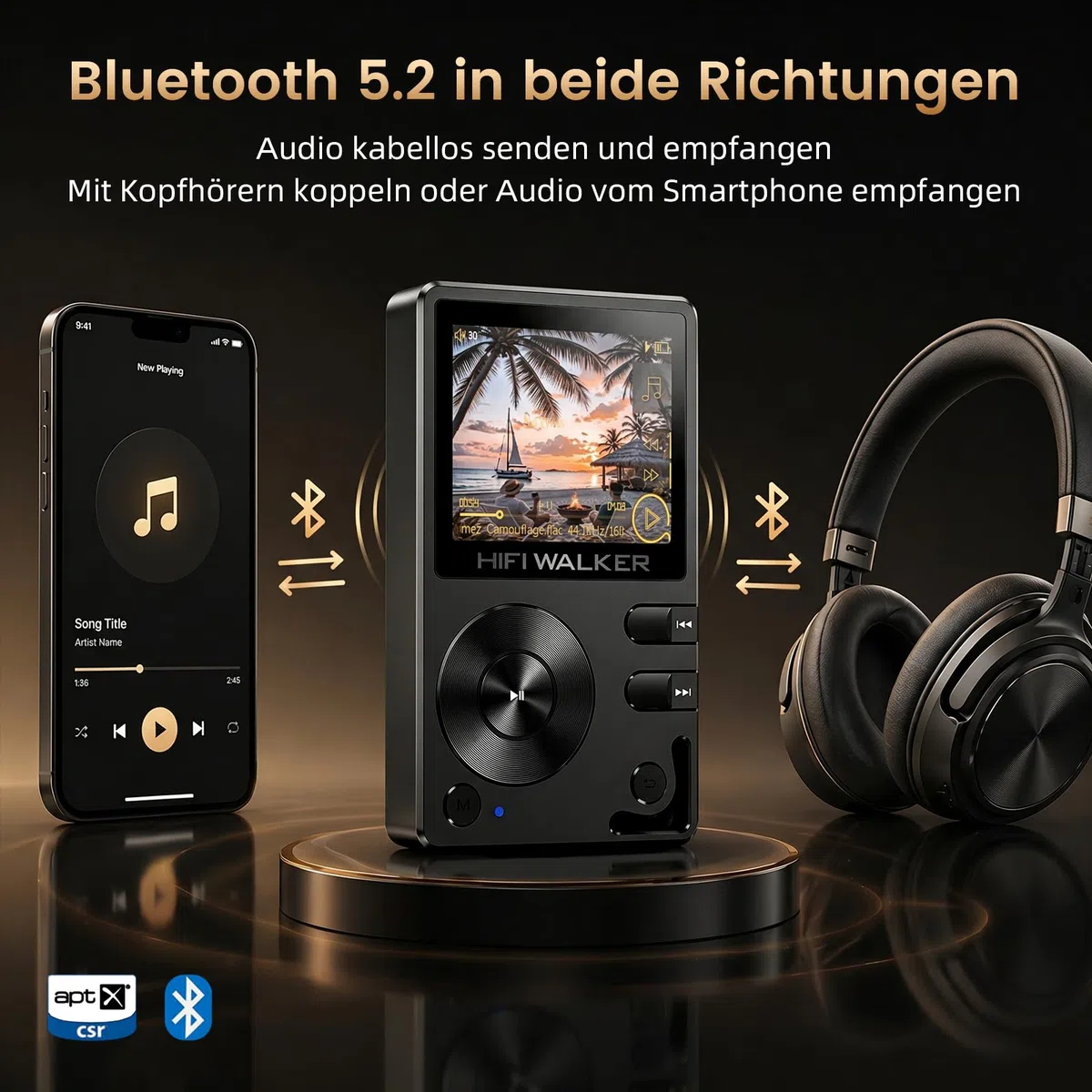 HiFi Walker H2 HiFi MP3 Player mit Bluetooth Verlustfreier DSD DAC Flac High Resolution Music Player Tragbarer Audio Player mit 64GB Speicherkarte Unterstützt bis zu 256GB