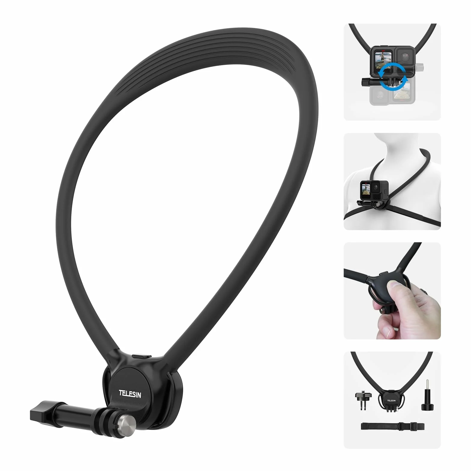 TELESIN SE 2.0 Halshalterung für GoPro Hero 13 12 11 DJI Osmo 360 Action 6/5/4 Pocket, Insta360 X5 Ace Pro, mit Rotation und Brustgurt, Freihändige POV Video Vlog Hals Halter für Sport Reisen Fahrrad