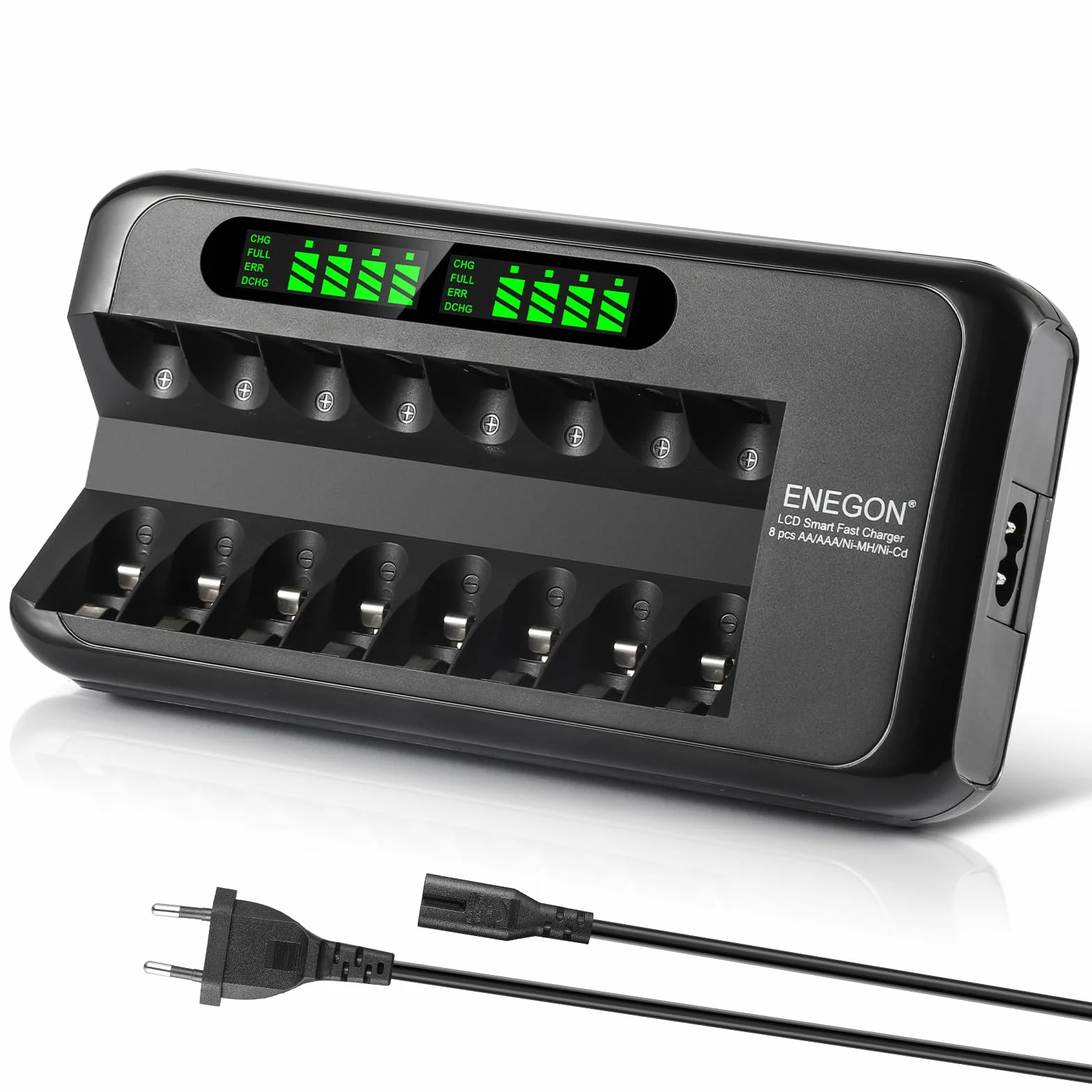 ENEGON Akkuladegerät, Schnell Akku Ladegerät mit AC-Adapter und intelligentem LCD-Display, Unabhängiges 8-Ladeplatz Batterieladegerät für NI-MH NI-CD Wiederaufladbare AA AAA Batterien