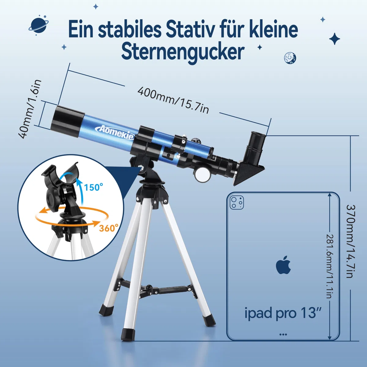 Aomekie Teleskop für Kinder und Einsteiger mit 10X Smartphone Adapter, Ausziehbarem Stativ, Tasche, Mondfilter und Aufrechtem Sucherfernrohr