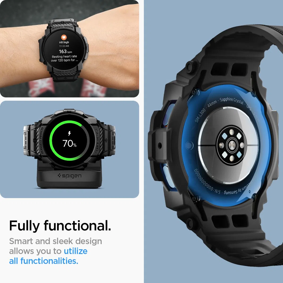 Spigen Rugged Armor Pro Hülle mit Armband Kompatibel mit Samsung Galaxy Watch 7 44mm (2024) - Matt Schwarz
