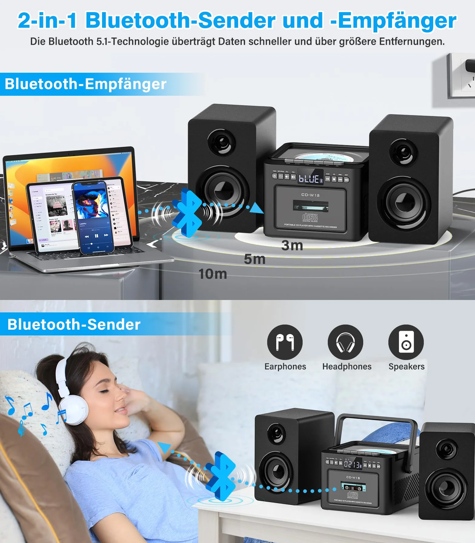Greadio Stereoanlage mit CD Player und Kassettenrekorder, 40-W-Lautsprecher mit Bluetooth 5.1, Kassettenspieler mit FM Radio/USB/TF/AUX/Fernbedienung, HiFi Musikanlage (Schwarz)