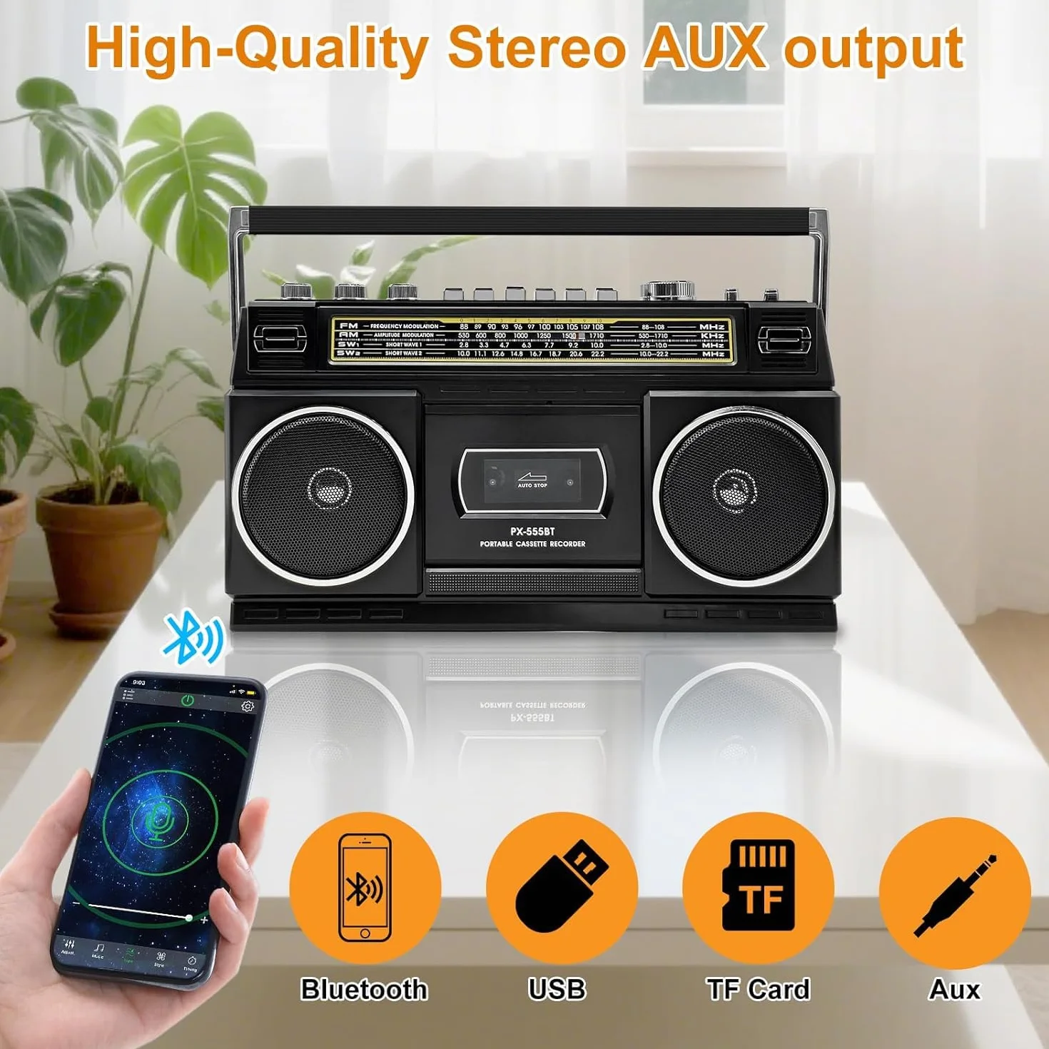 Kassettenspieler mit Bluetooth & Radio (AM/FM/SW) | Digitalisierung von Kassetten auf USB | Stereo Sound,10W, Kassettendeck, USB/TF-Wiedergabe, Netz-/Batteriebetrieb Boombox, Kopfhöreranschluss