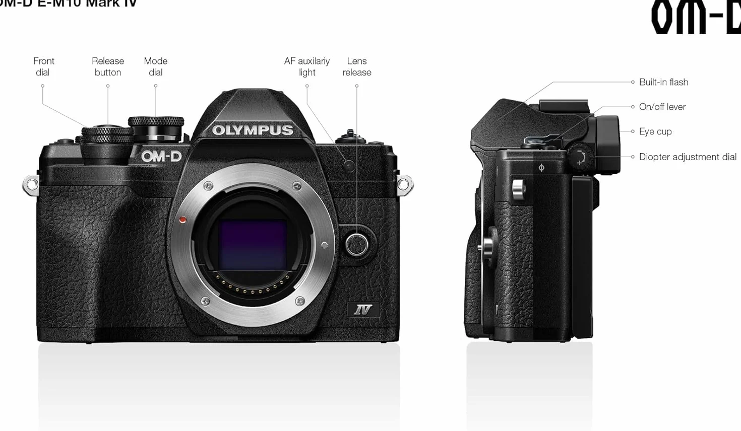 Olympus OM-D E-M10 Mark IV Micro-Four-Thirds-Systemkamera, 20 MP Sensor, 5-Achsen-Bildstabilisation, Selbstporträt-LCD-Bildschirm, elektronischer Sucher, 4K-Video, leistungsstarker AF, Wi-Fi, schwarz